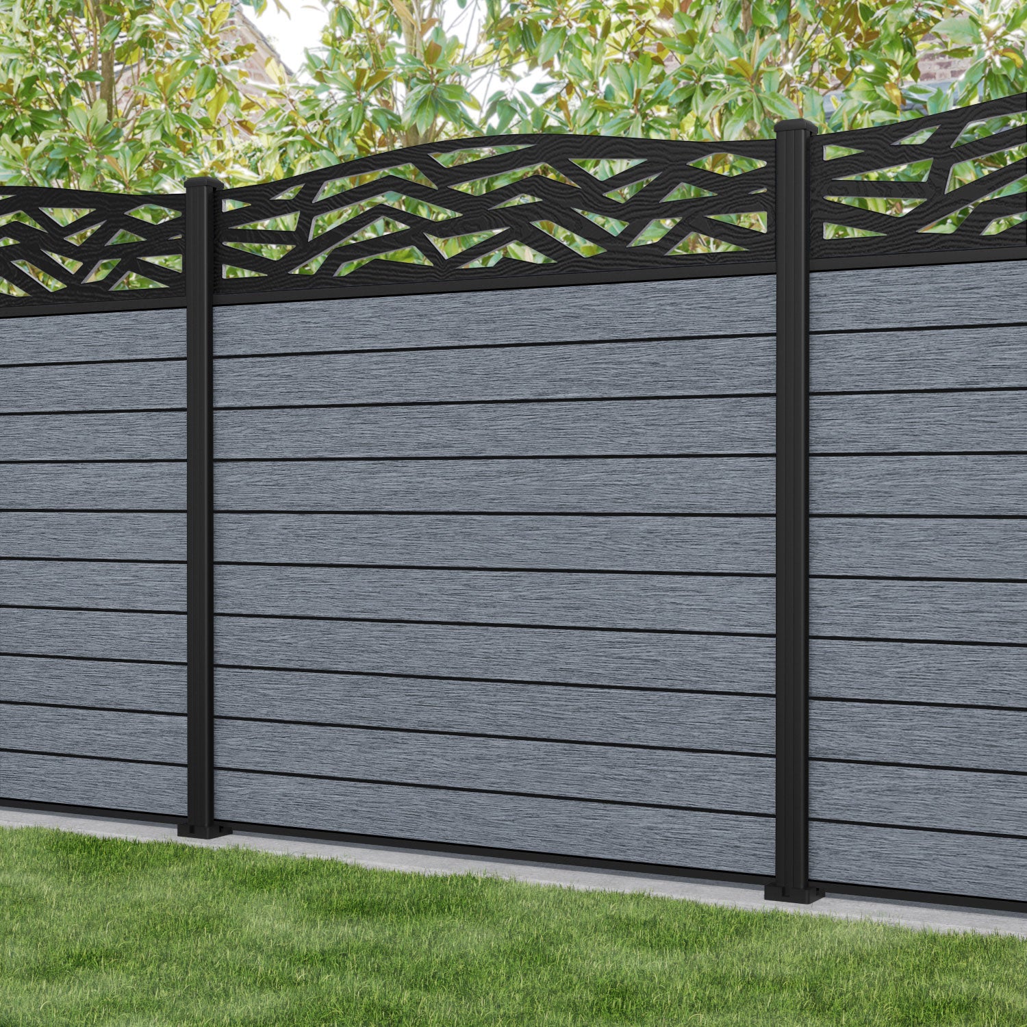 Fusion Zenith Curved Top Fence Panel - Anthracite - with our aluminium posts