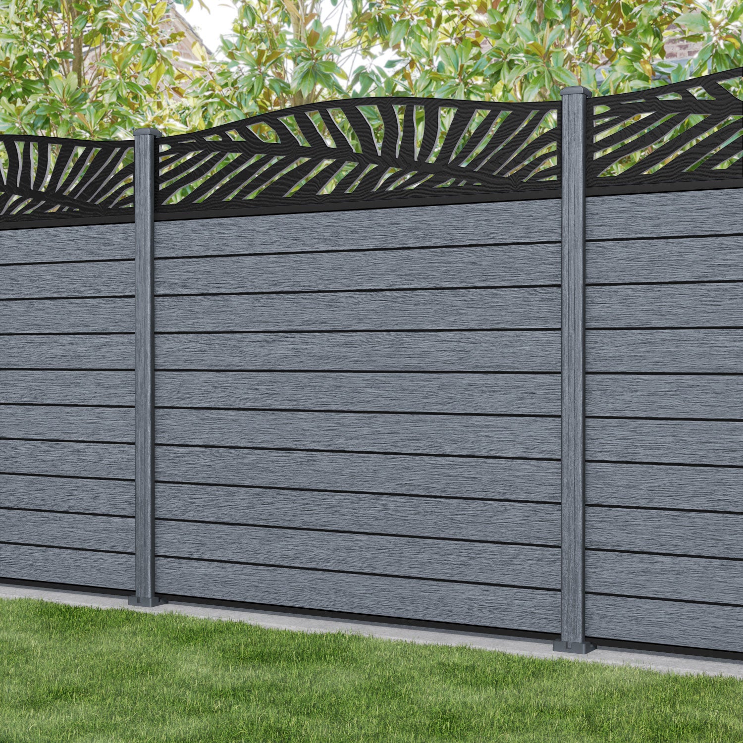 Fusion Palm Curved Top Fence Panel - Anthracite - with our composite posts