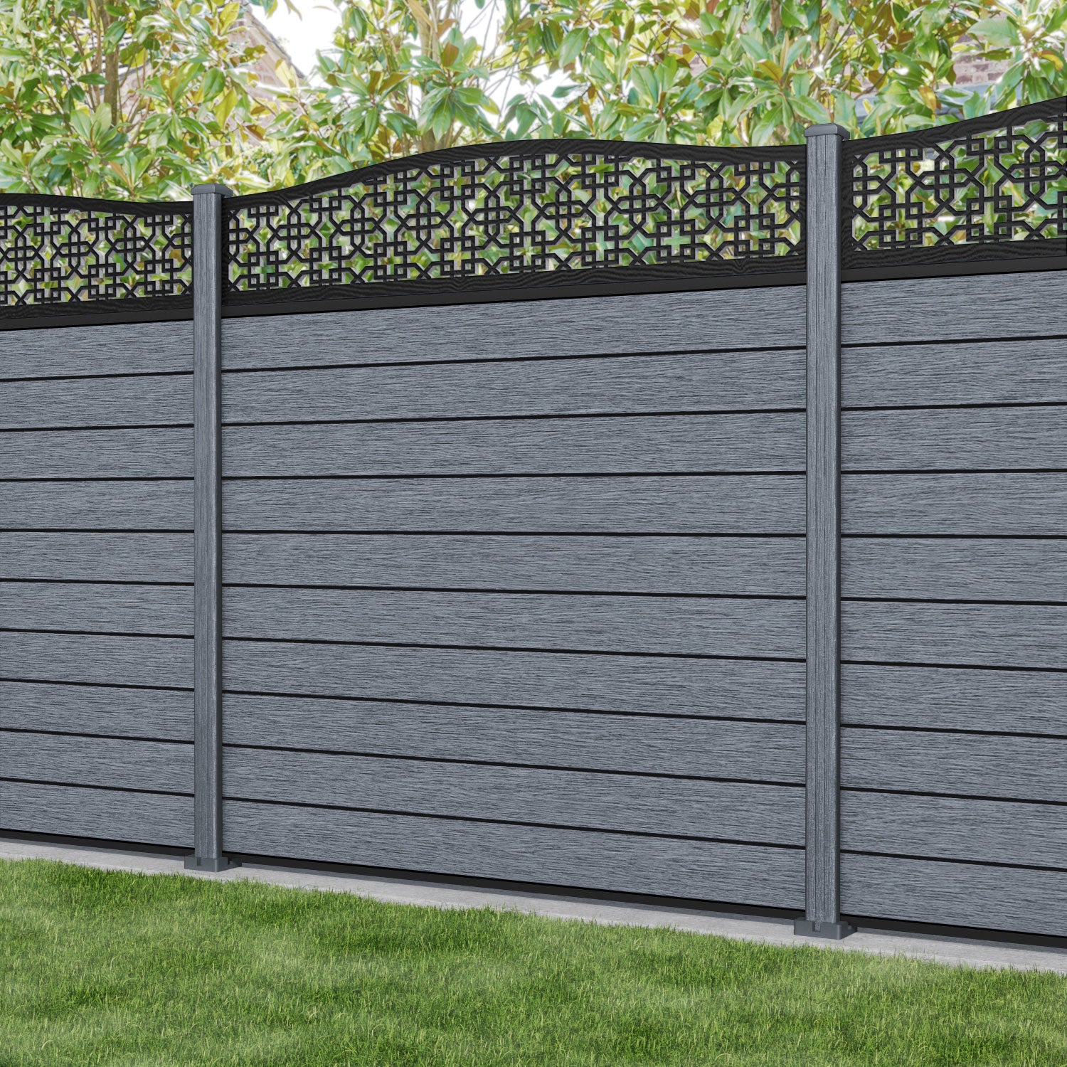 Fusion Zaria Curved Top Fence Panel - Anthracite - with our composite posts