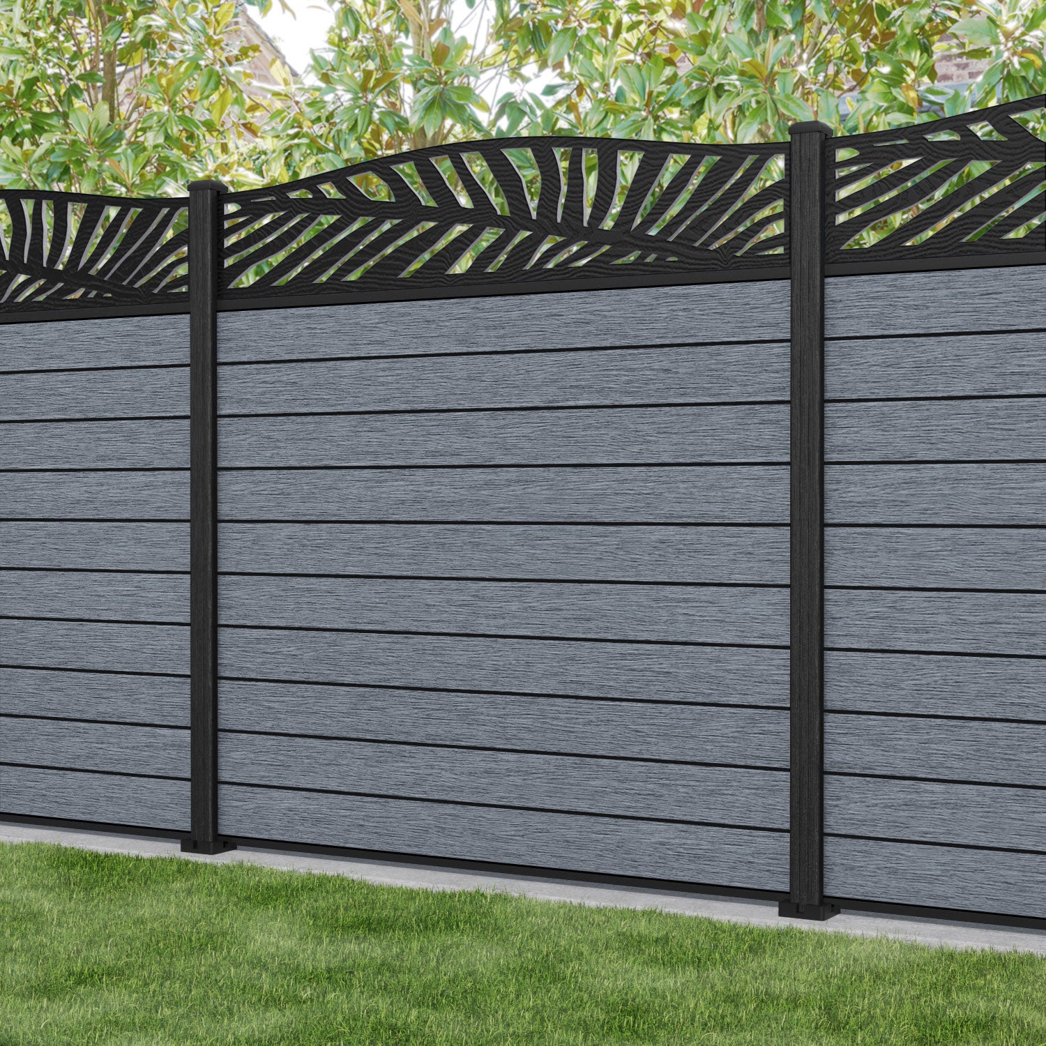 Fusion Palm Curved Top Fence Panel - Anthracite - with our composite posts