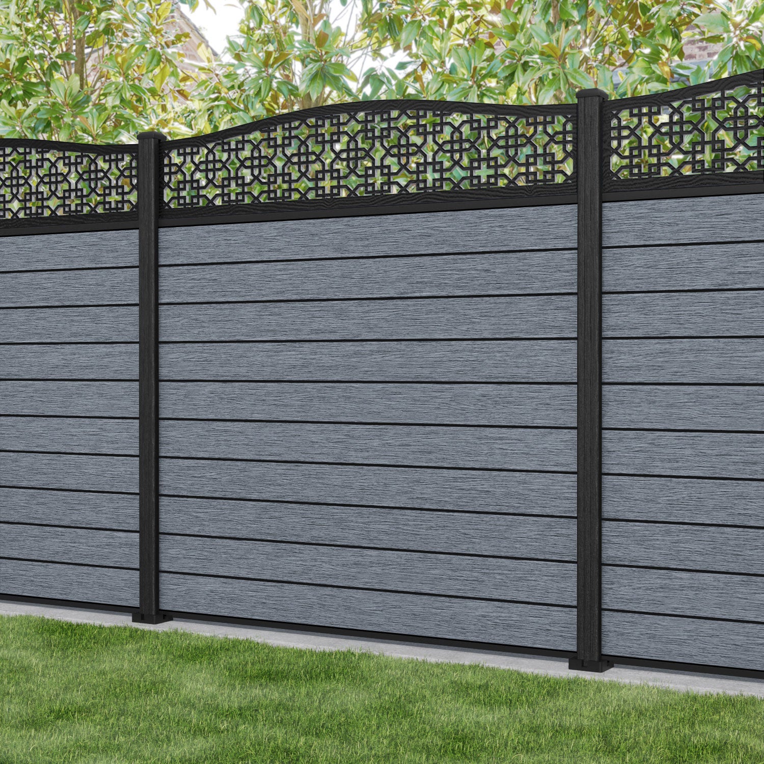 Fusion Zaria Curved Top Fence Panel - Anthracite - with our composite posts