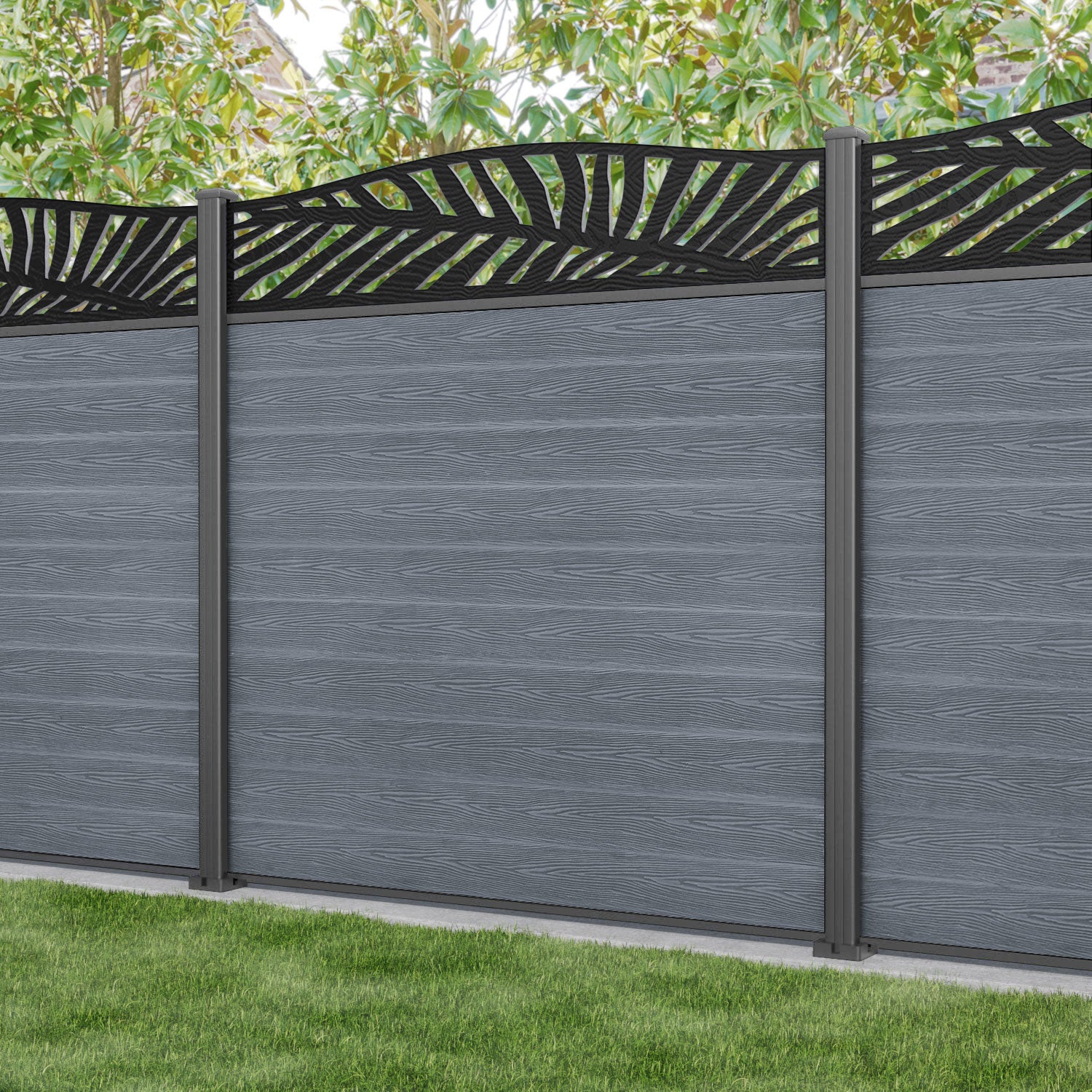 Classic Palm Curved Top Fence Panel - Anthracite - with our aluminium posts