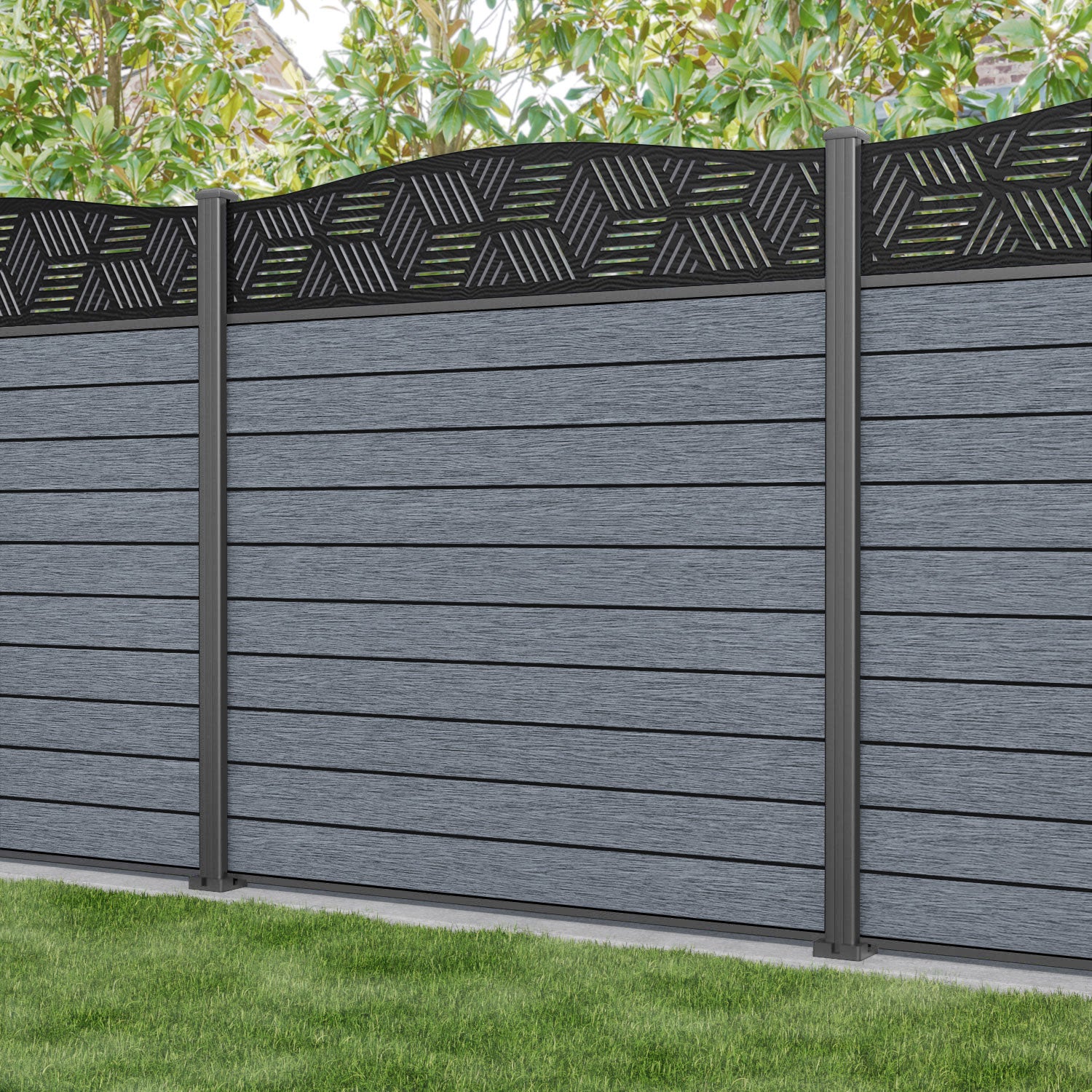 Fusion Cubed Curved Top Fence Panel - Anthracite - with our aluminium posts