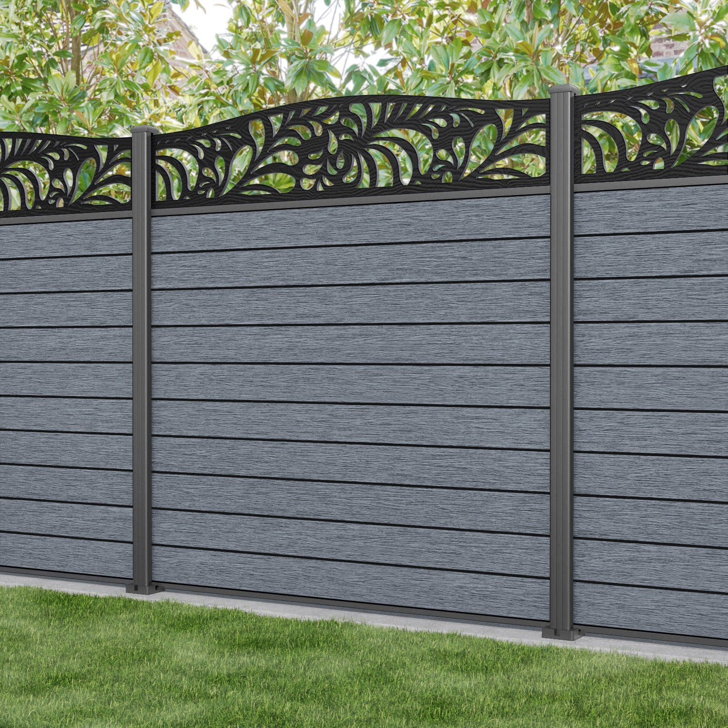 Fusion Petal Curved Top Fence Panel - Anthracite - with our aluminium posts