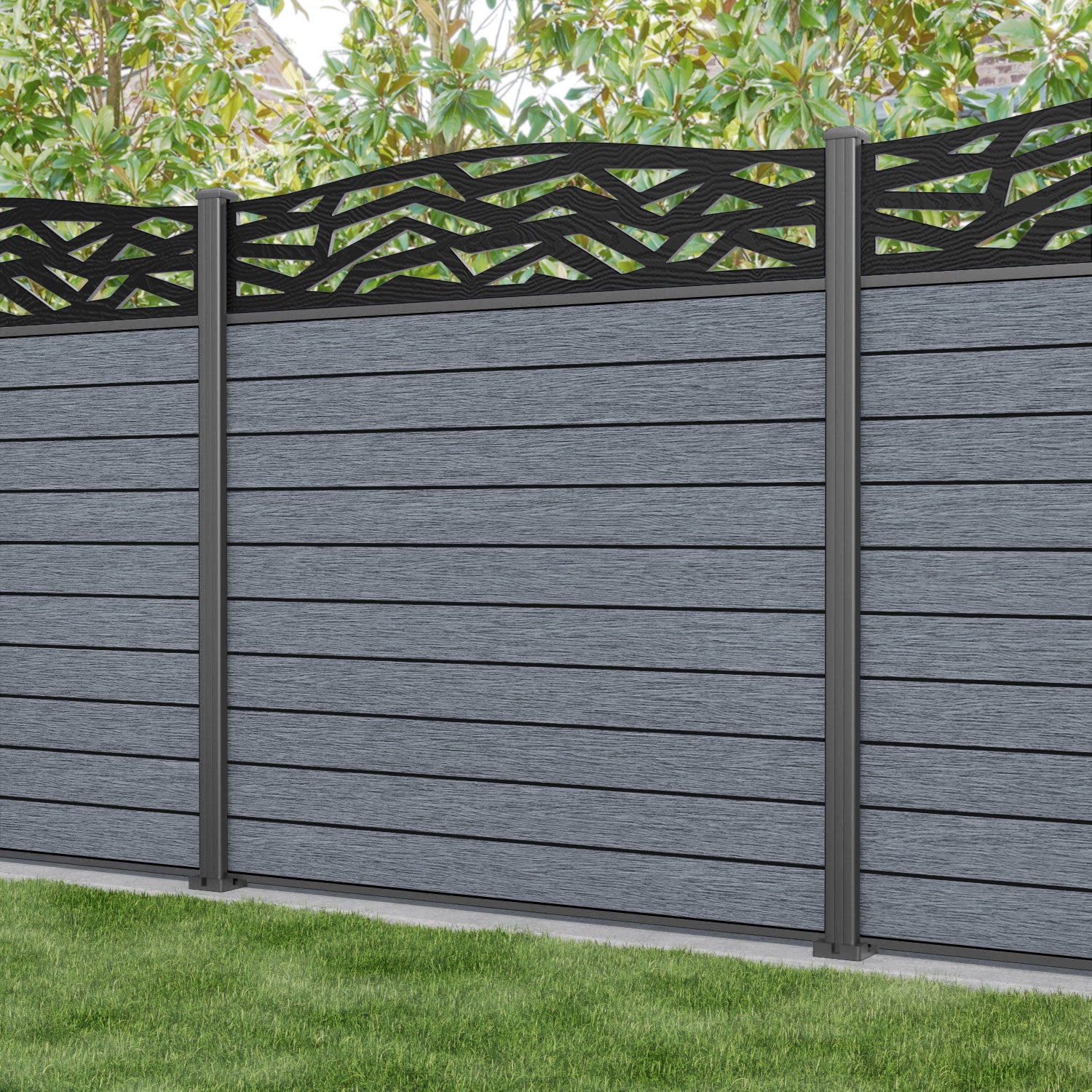 Fusion Zenith Curved Top Fence Panel - Anthracite - with our aluminium posts
