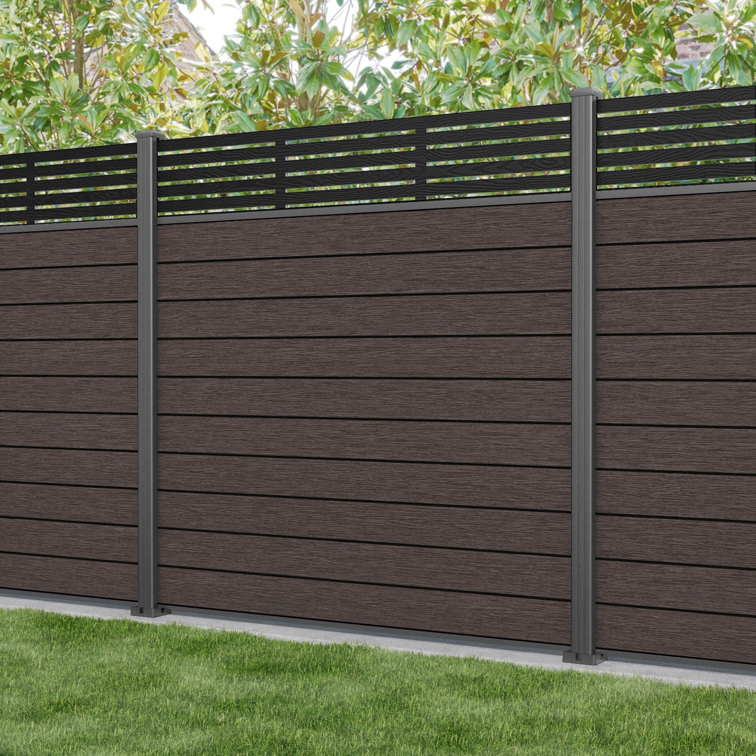 Fusion Aspen Fence Panel - Mid Brown - with our aluminium posts
