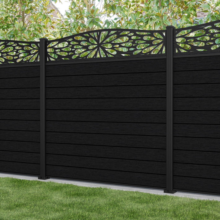 Fusion Blossom Curved Top Fence Panel - Black - with our aluminium posts