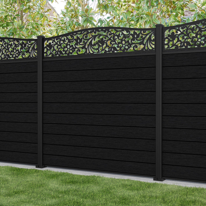 Fusion Eden Curved Top Fence Panel - Black - with our aluminium posts