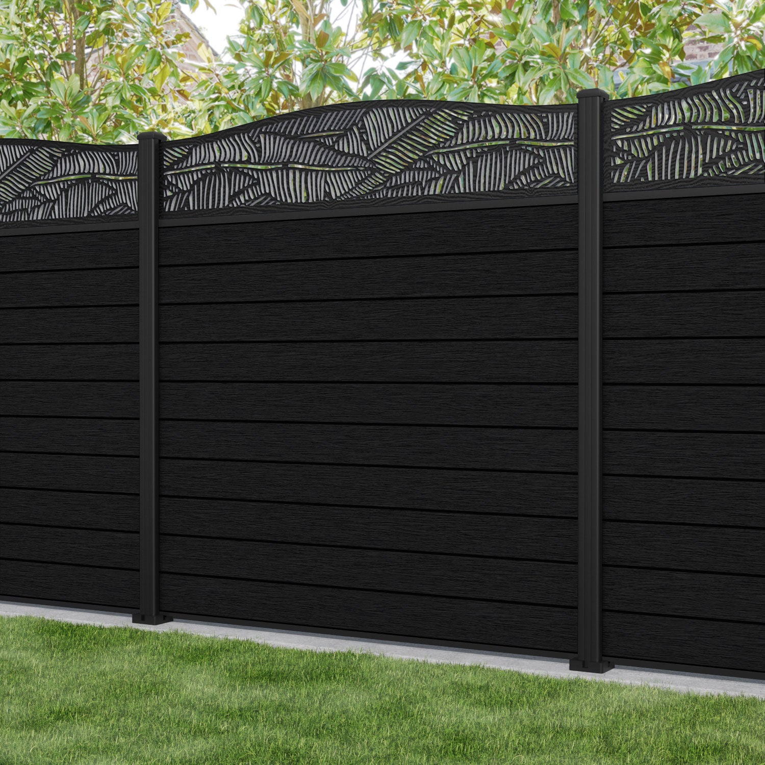 Fusion Feather Curved Top Fence Panel - Black - with our aluminium posts