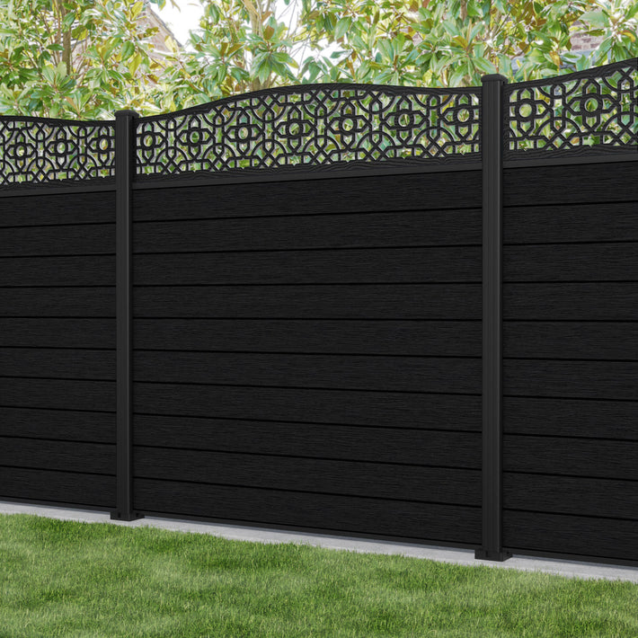 Fusion Nabila Curved Top Fence Panel - Black - with our aluminium posts