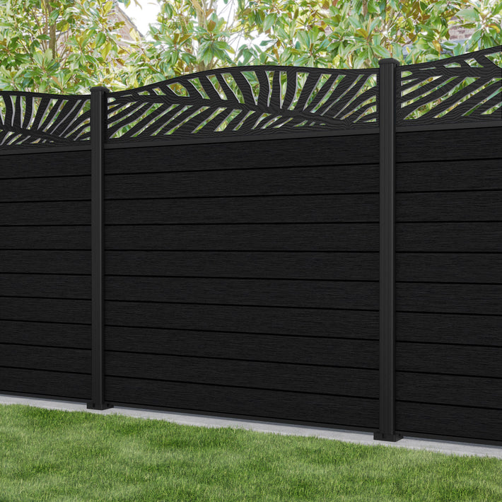 Fusion Palm Curved Top Fence Panel - Black - with our aluminium posts