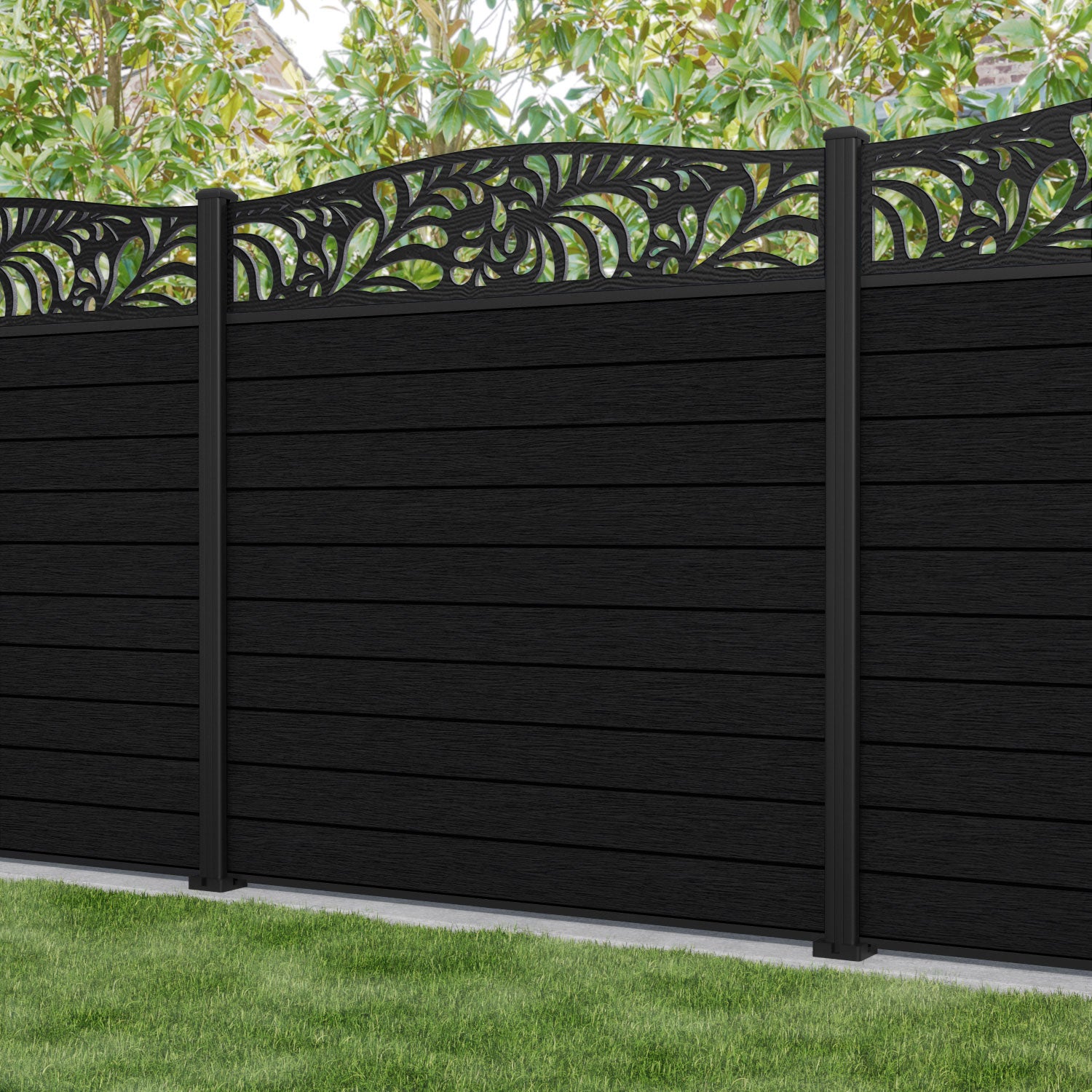 Fusion Petal Curved Top Fence Panel - Black - with our aluminium posts