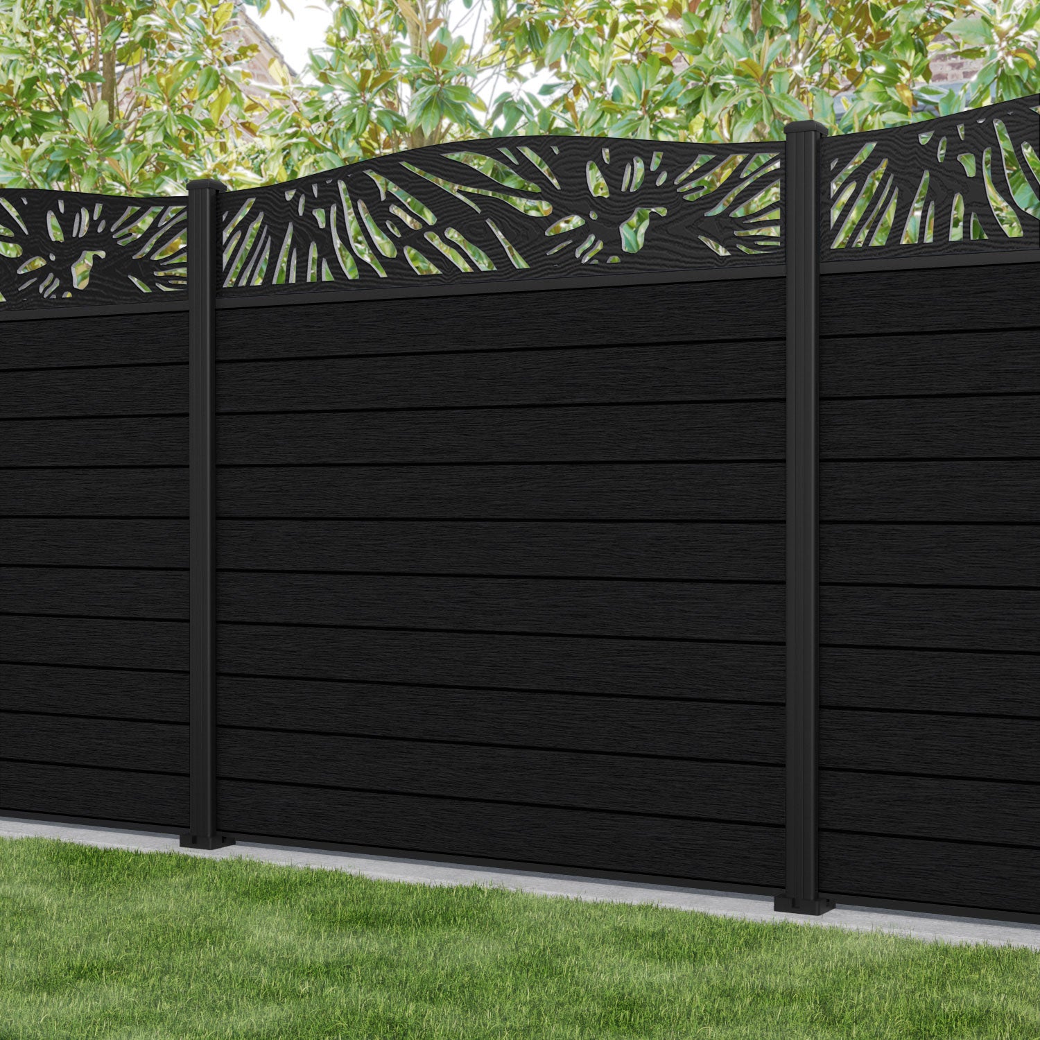 Fusion Poppy Curved Top Fence Panel - Black - with our aluminium posts
