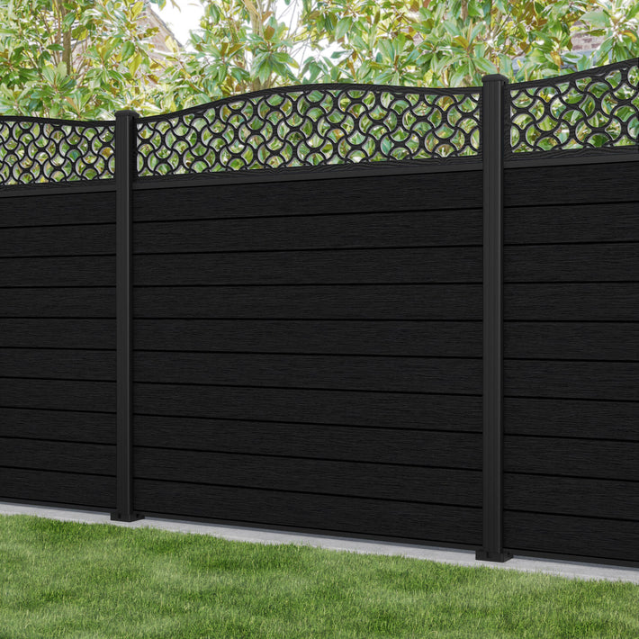 Fusion Vida Curved Top Fence Panel - Black - with our aluminium posts