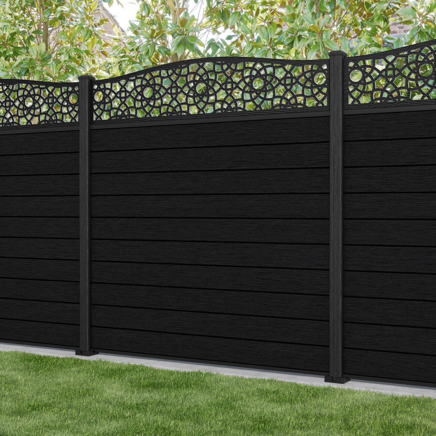 Fusion Ambar Curved Top Fence Panel - Black - with our composite posts