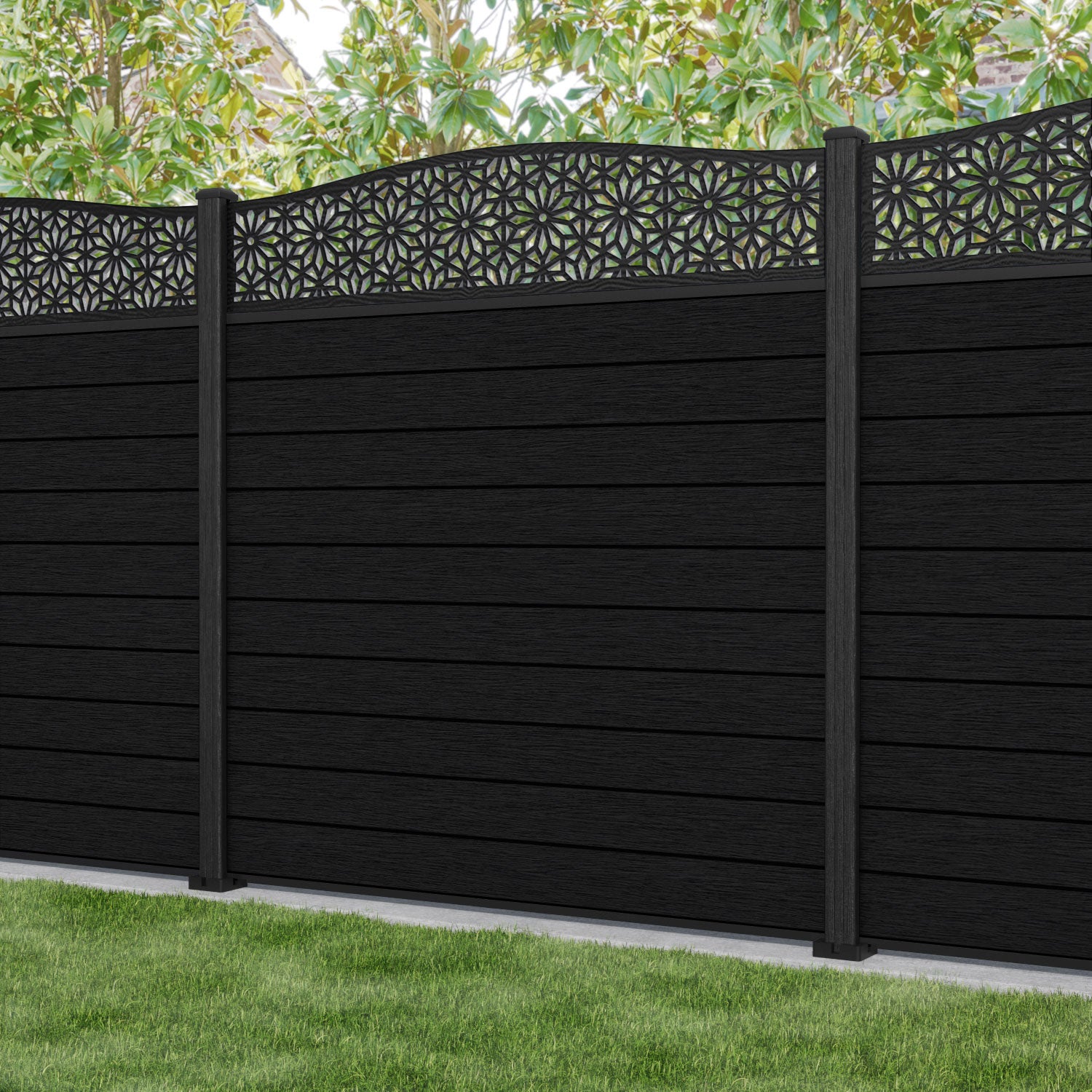 Fusion Narwa Curved Top Fence Panel - Black - with our composite posts
