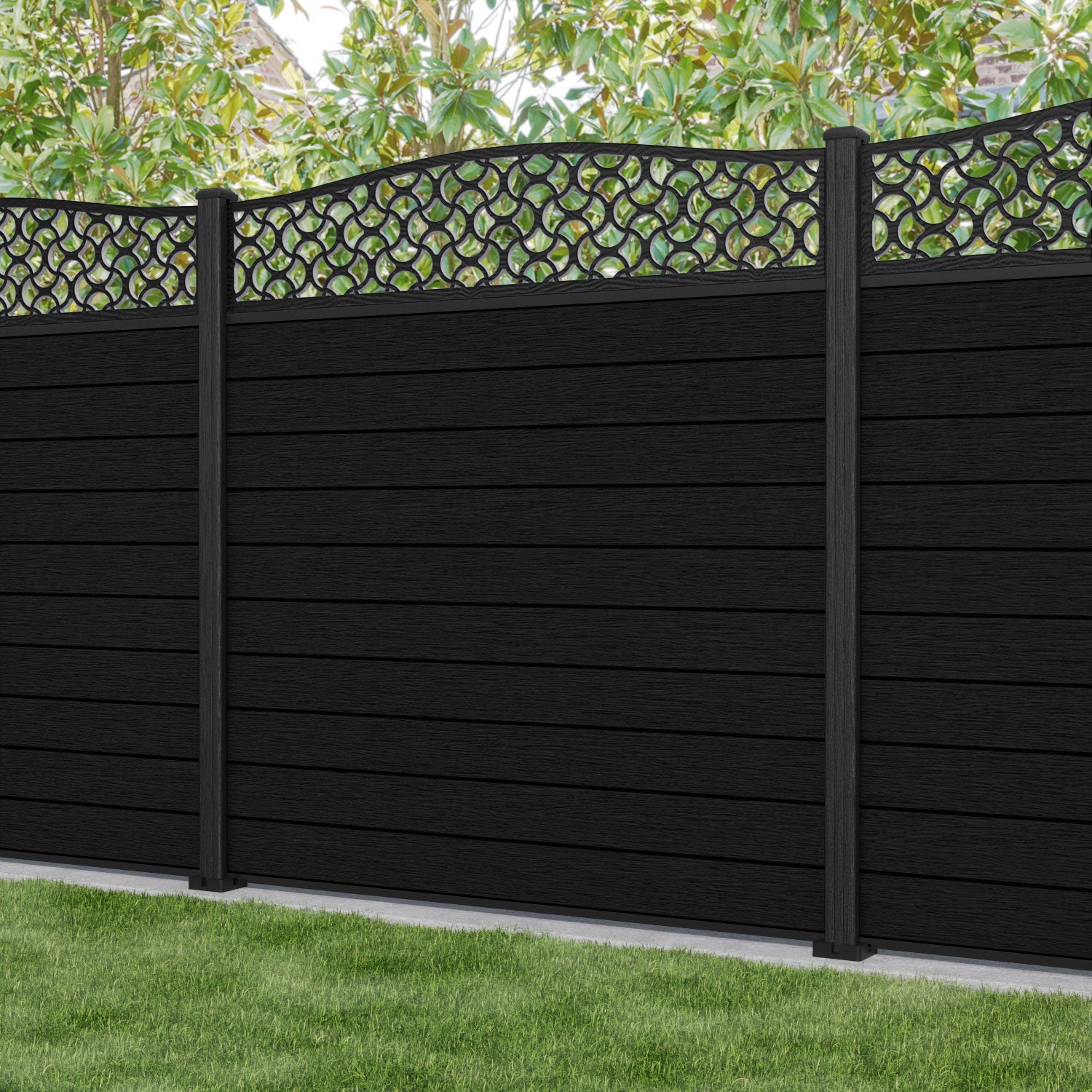 Fusion Vida Curved Top Fence Panel - Black - with our composite posts