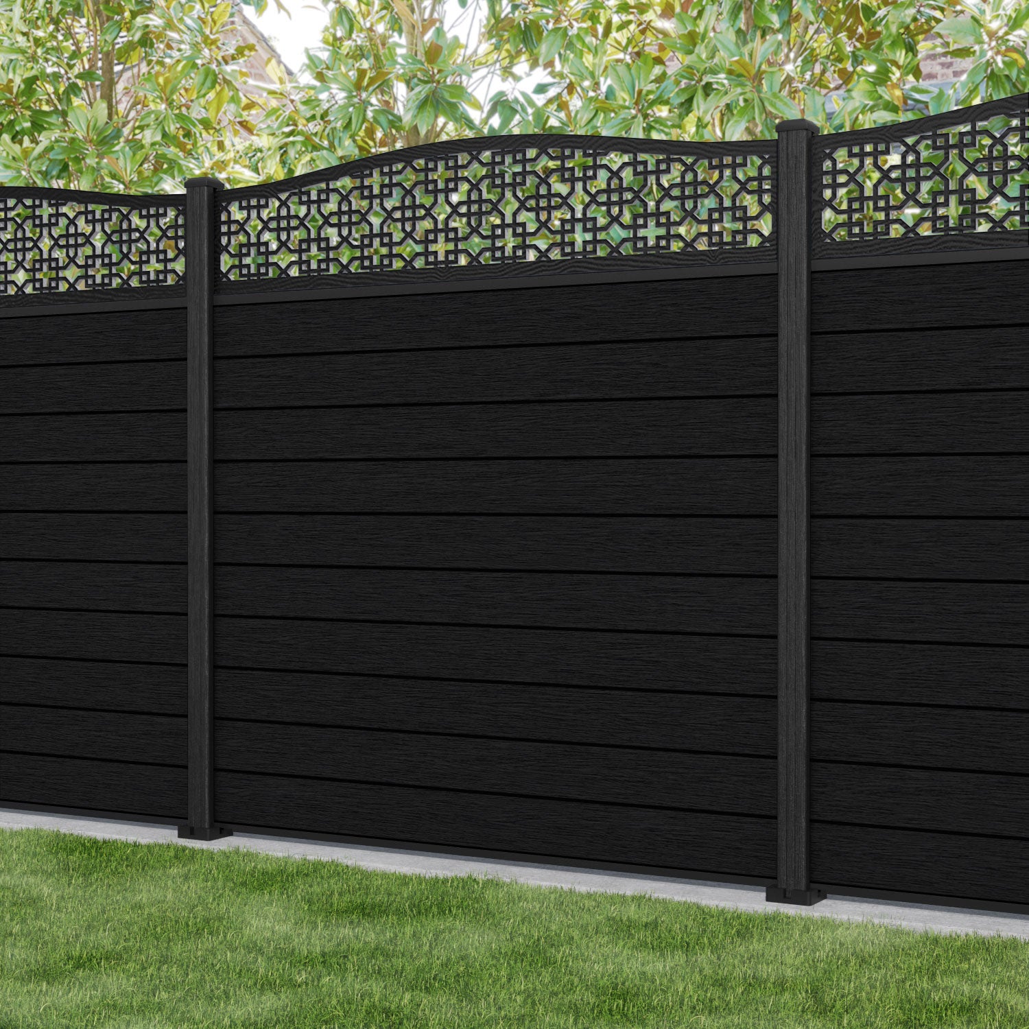 Fusion Zaria Curved Top Fence Panel - Black - with our composite posts