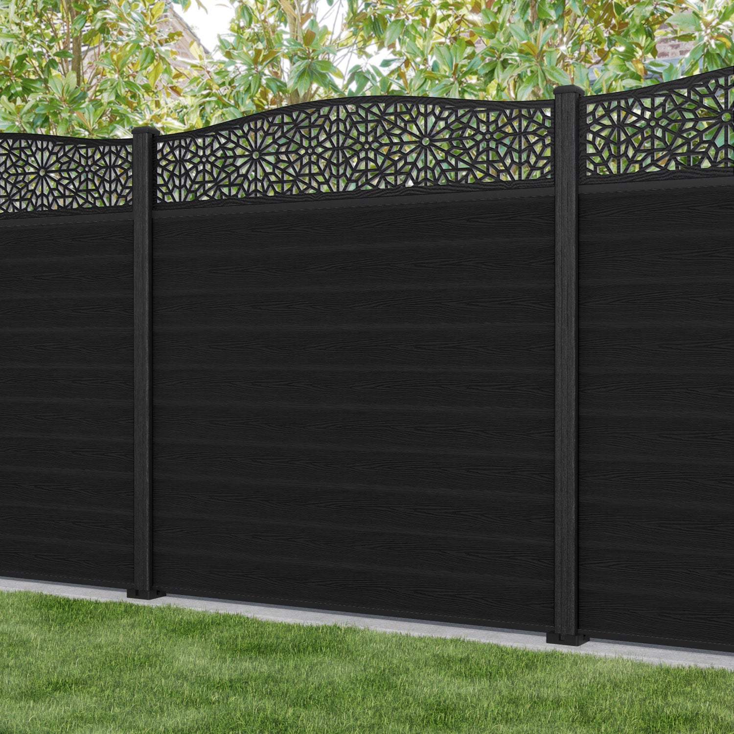 Classic Alnara Curved Top Fence Panel - Black - with our composite posts