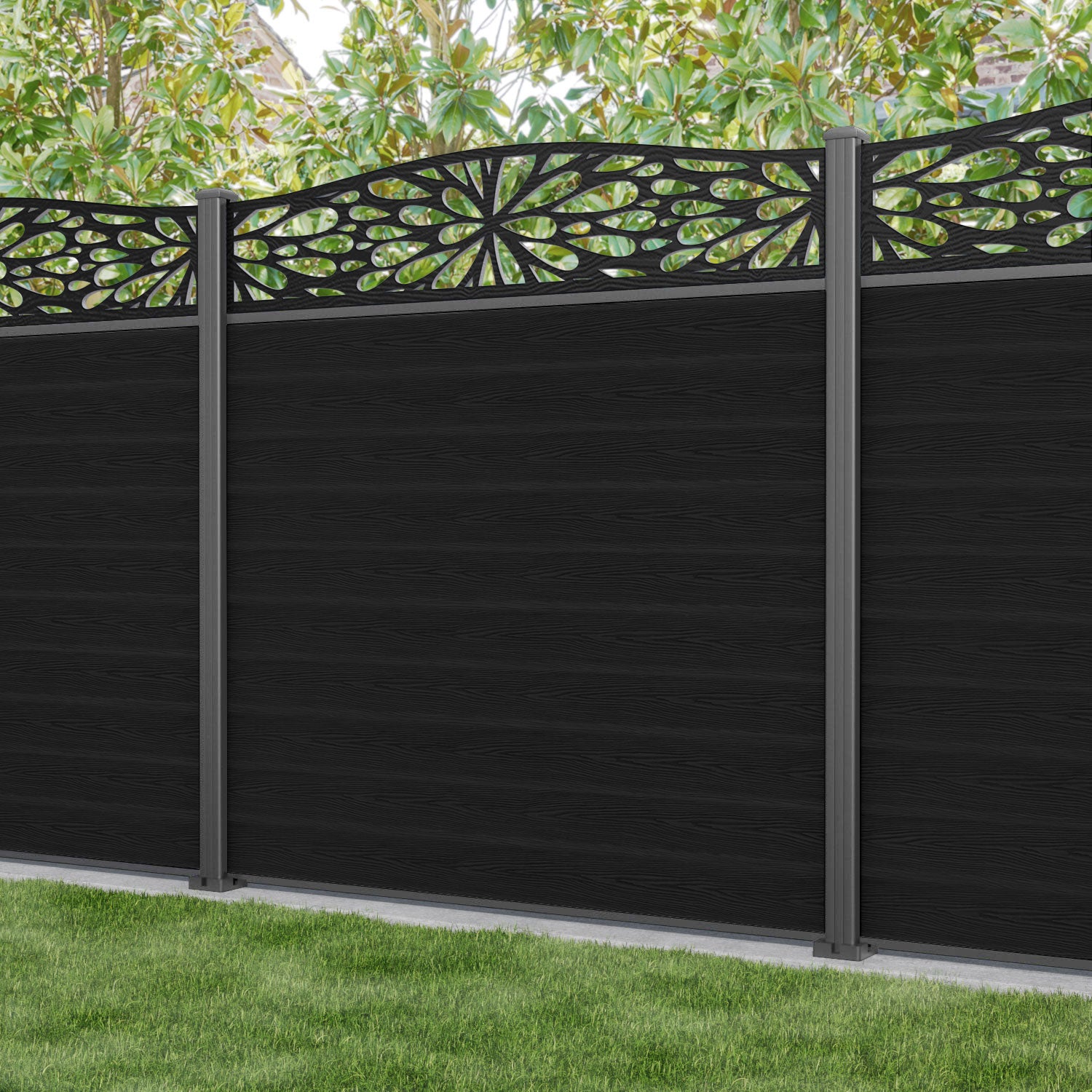 Classic Blossom Curved Top Fence Panel - Black - with our aluminium posts