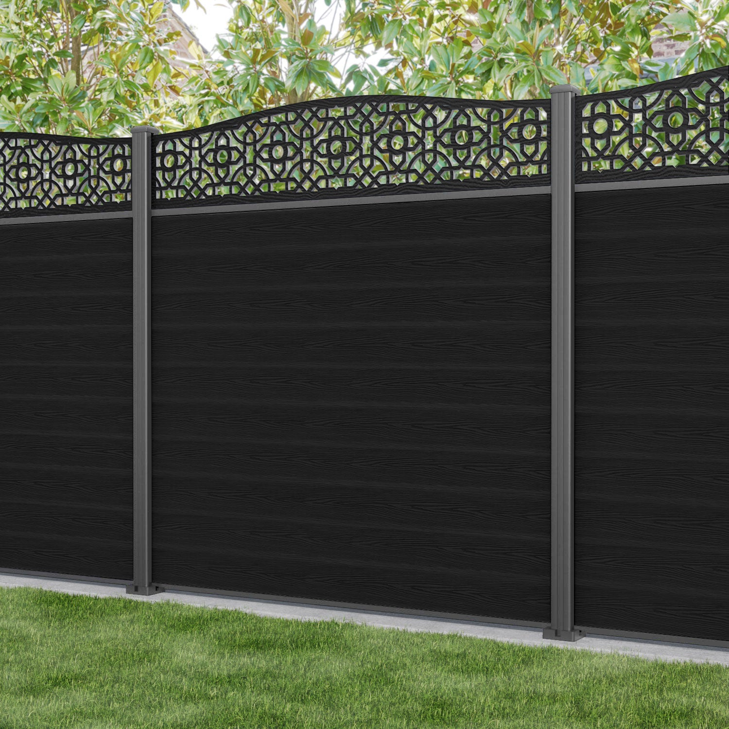 Classic Nabila Curved Top Fence Panel - Black - with our aluminium posts