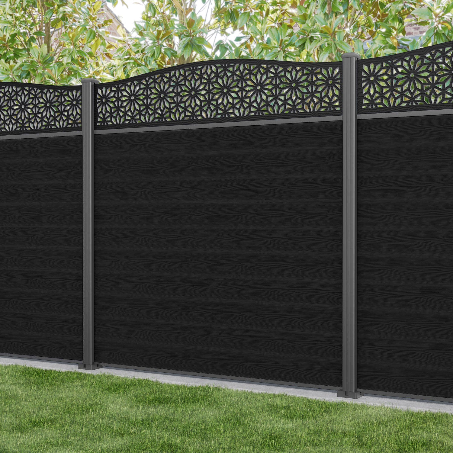 Classic Narwa Curved Top Fence Panel - Black - with our aluminium posts
