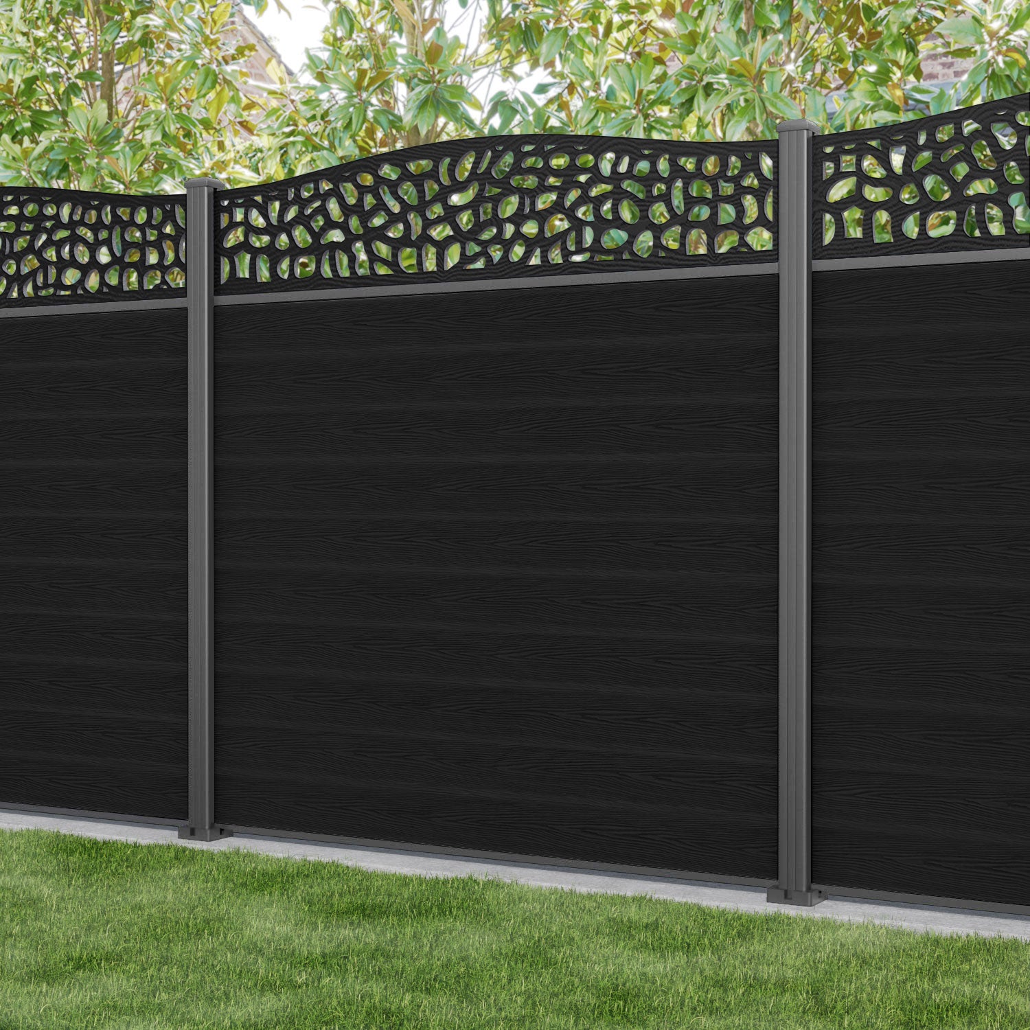 Classic Pebble Curved Top Fence Panel - Black - with our aluminium posts