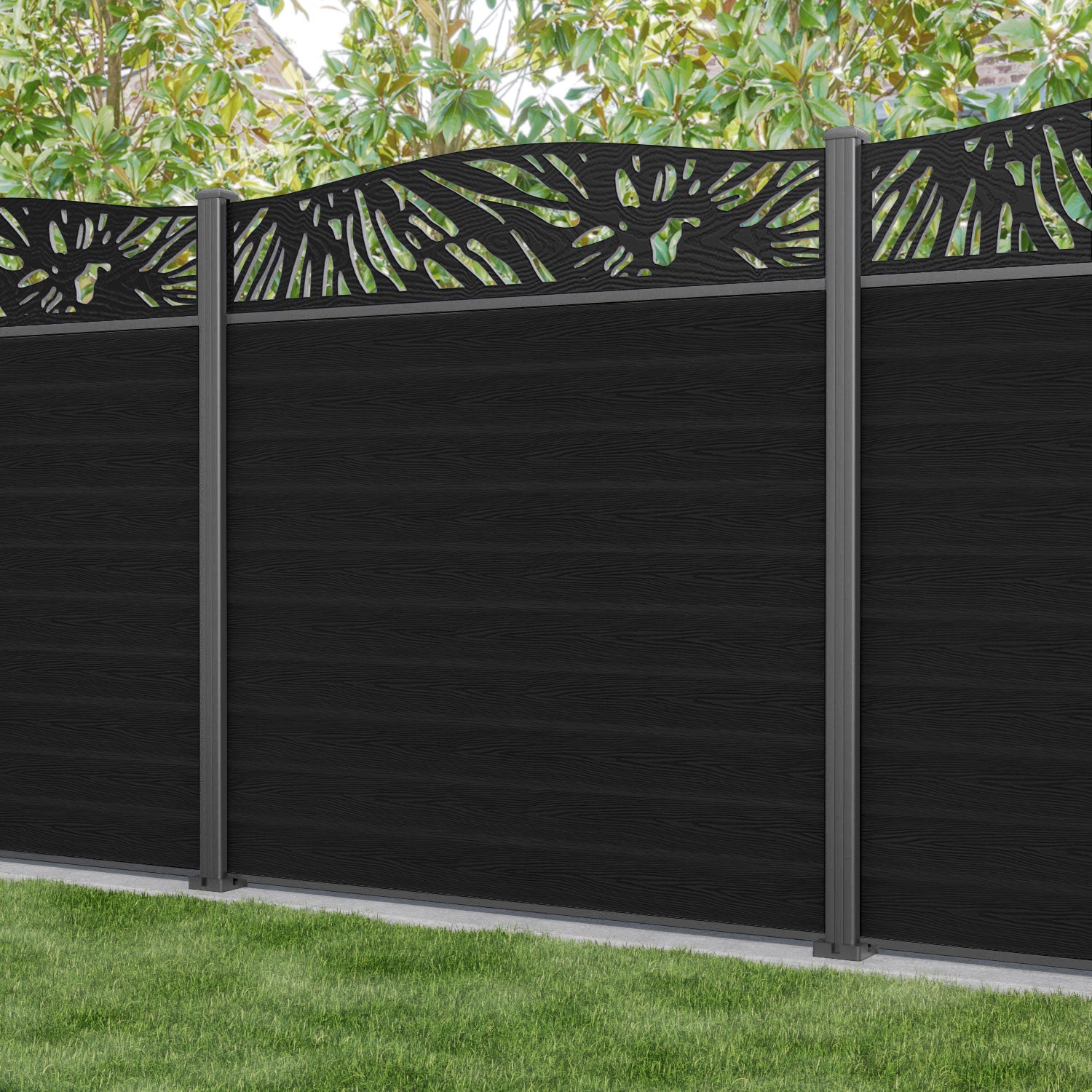 Classic Poppy Curved Top Fence Panel - Black - with our aluminium posts