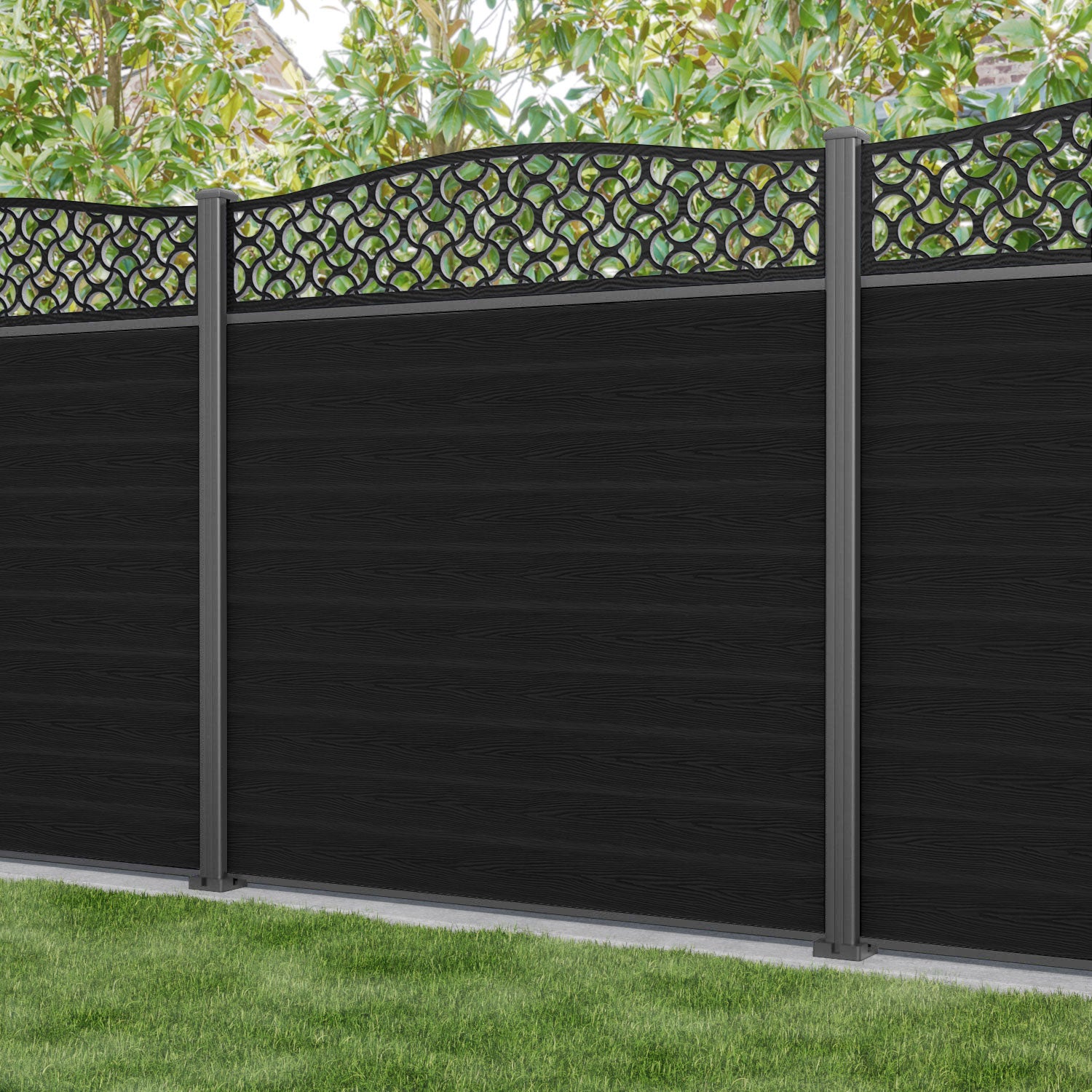 Classic Vida Curved Top Fence Panel - Black - with our aluminium posts