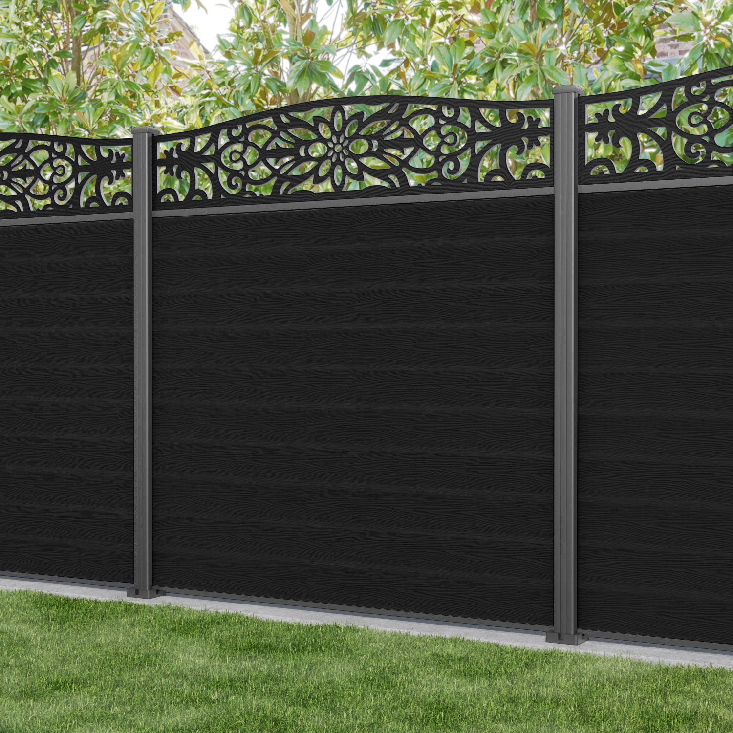 Classic Windsor Curved Top Fence Panel - Black - with our aluminium posts