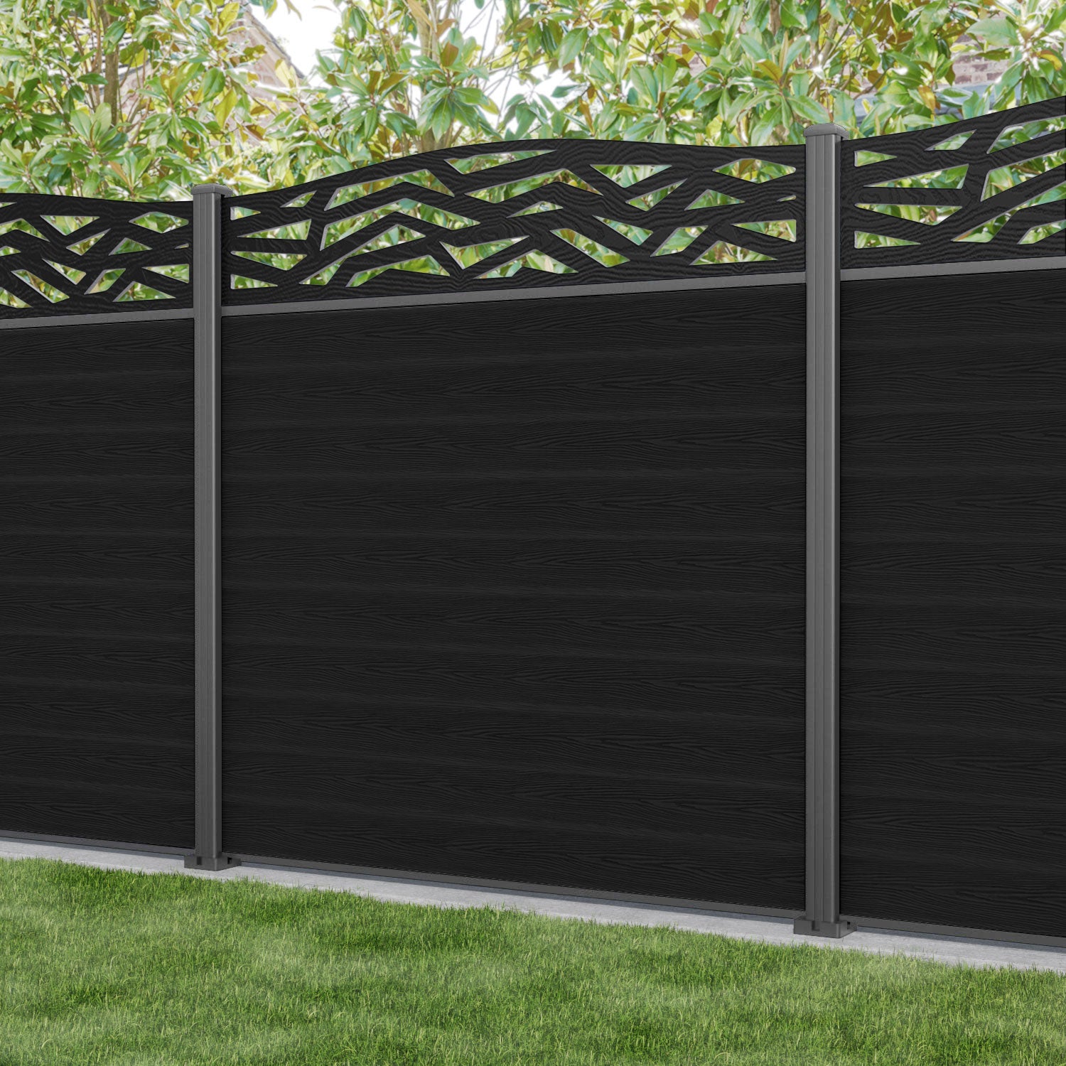 Classic Zenith Curved Top Fence Panel - Black - with our aluminium posts