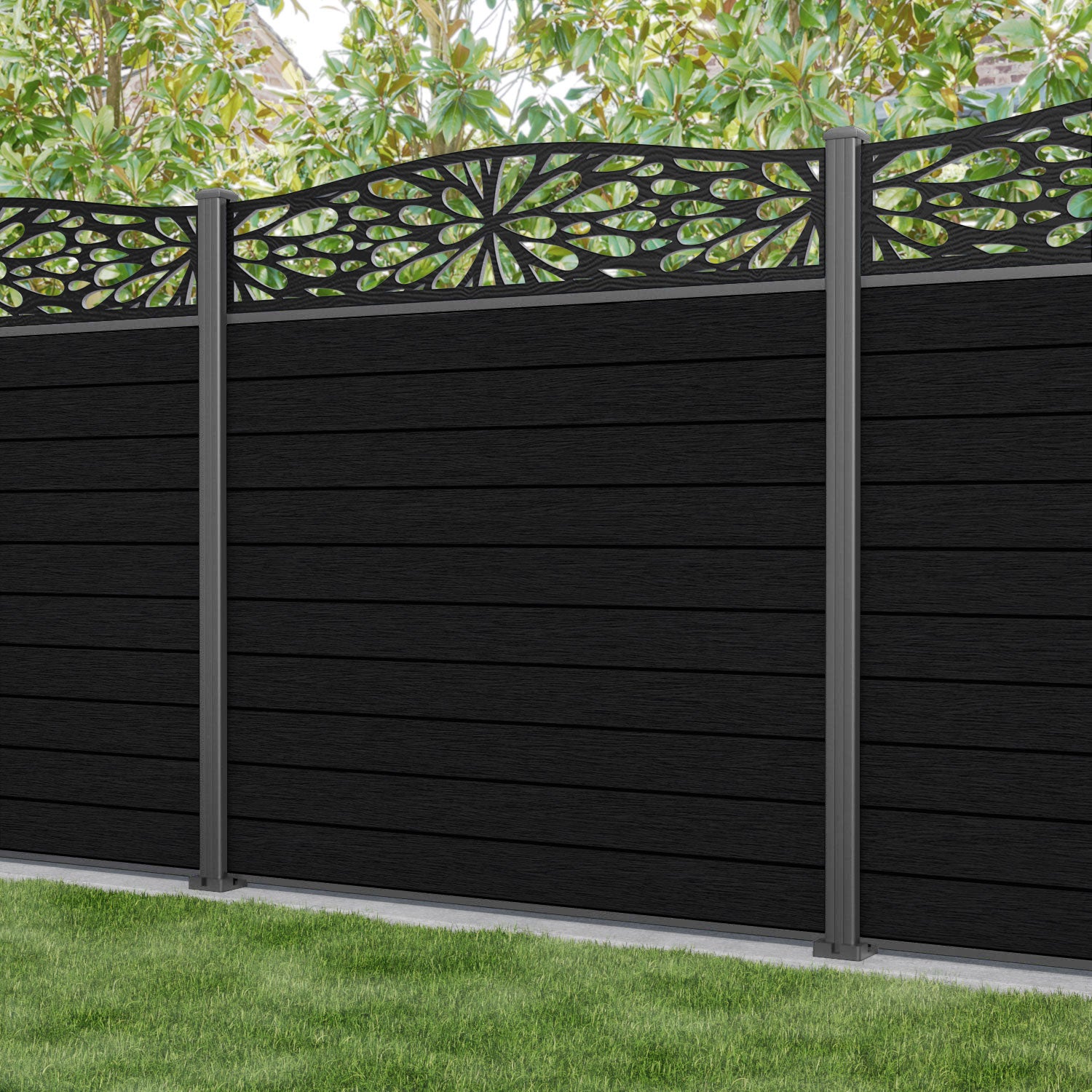 Fusion Blossom Curved Top Fence Panel - Black - with our aluminium posts
