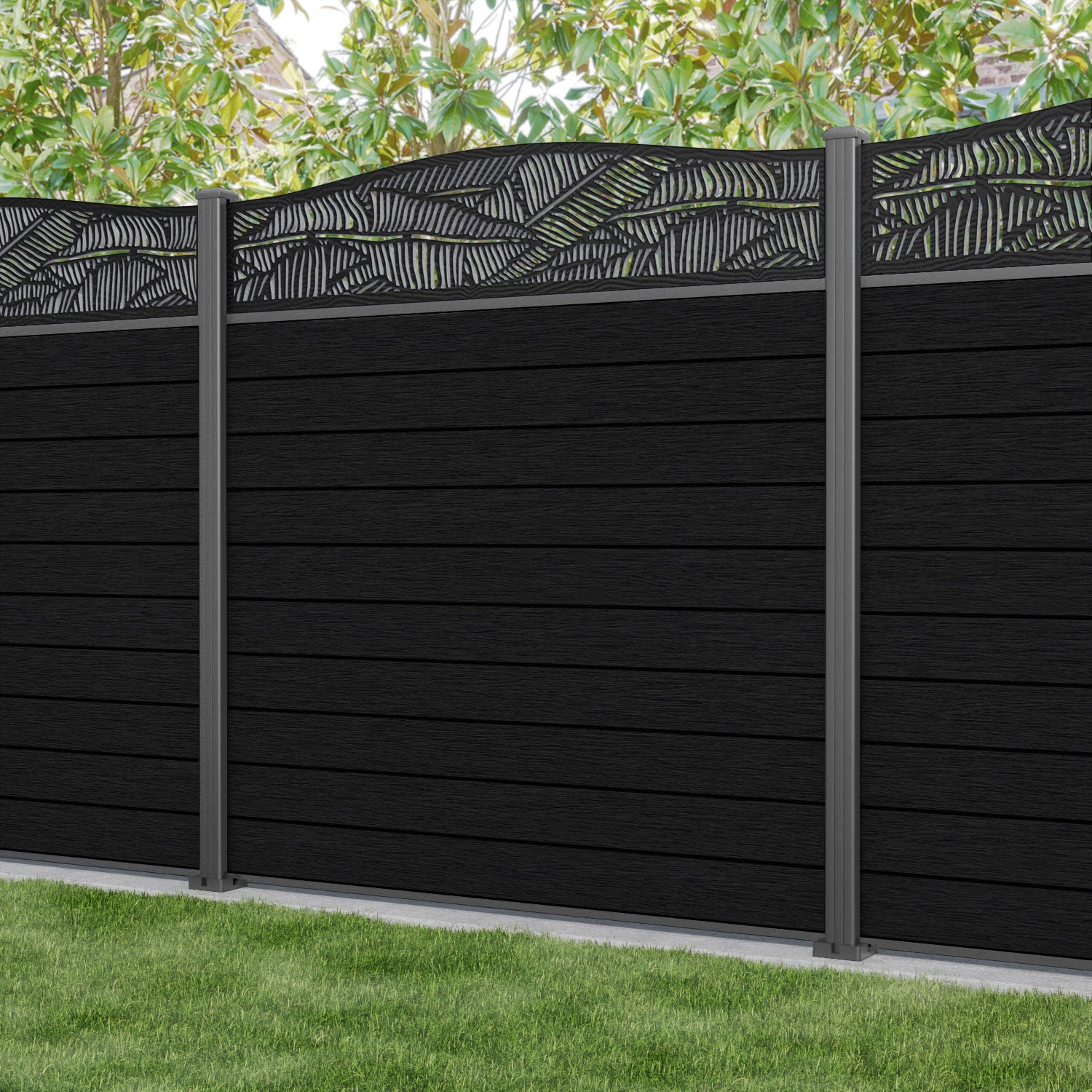 Fusion Feather Curved Top Fence Panel - Black - with our aluminium posts