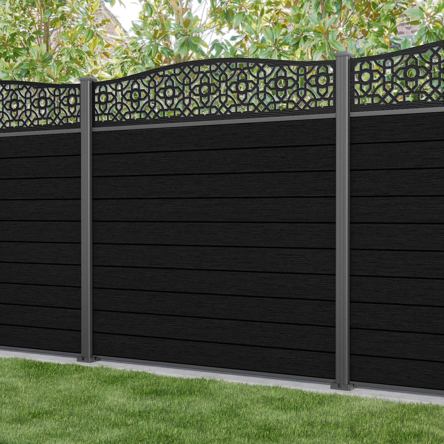 Fusion Nabila Curved Top Fence Panel - Black - with our aluminium posts