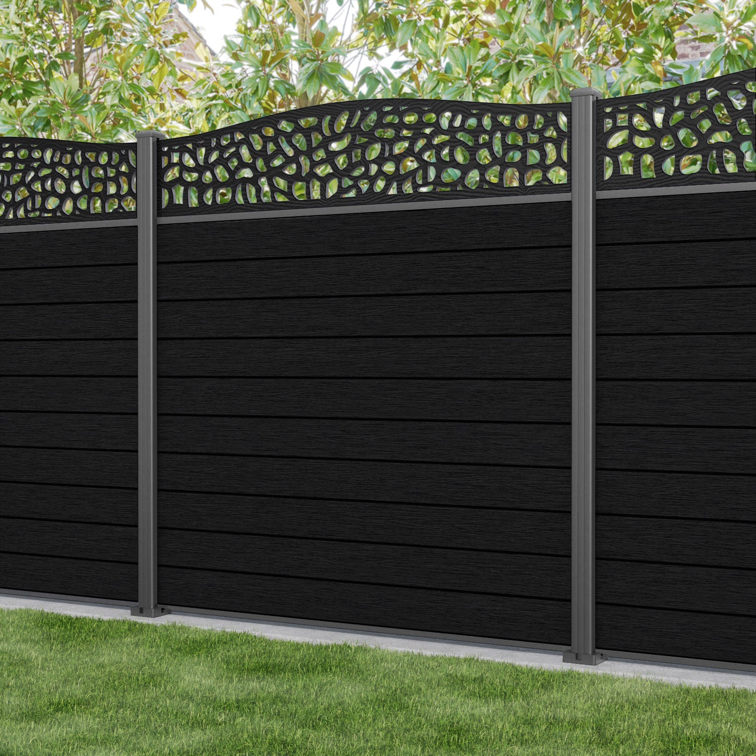 Fusion Pebble Curved Top Fence Panel - Black - with our aluminium posts