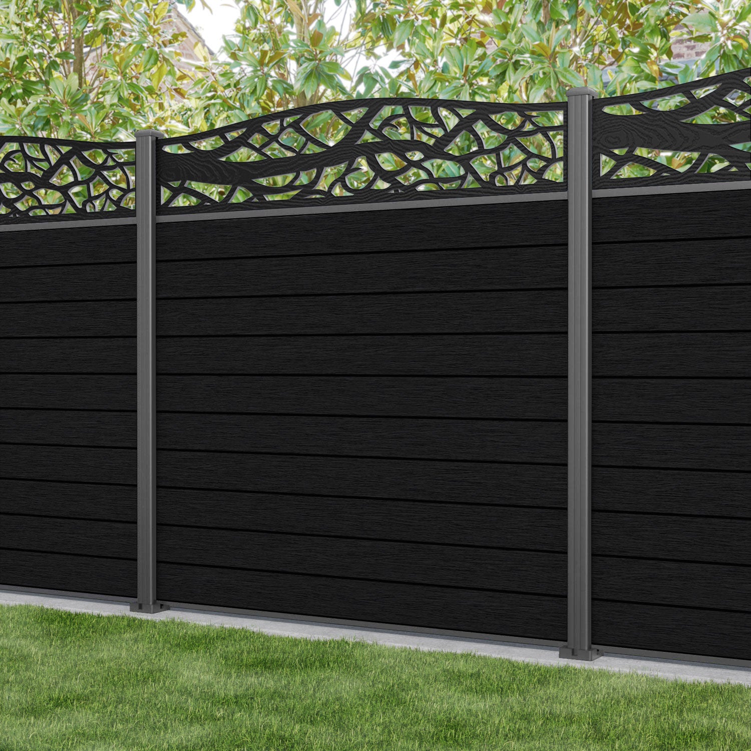 Fusion Twilight Curved Top Fence Panel - Black - with our aluminium posts