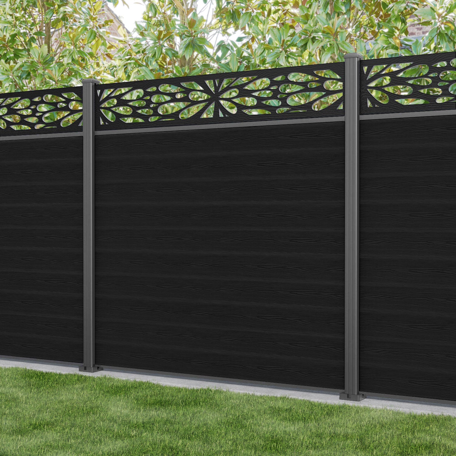 Classic Blossom Fence Panel - Black - with our aluminium posts