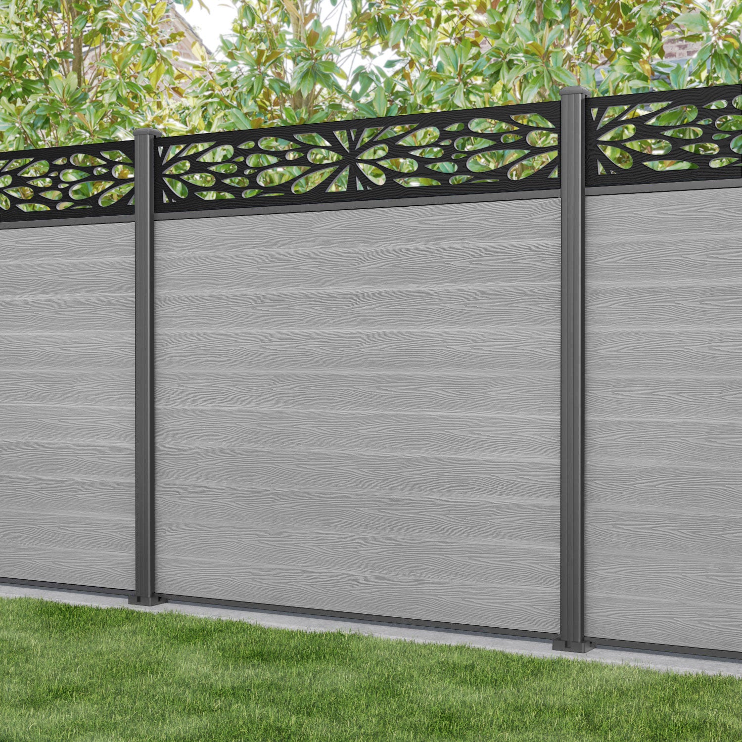 Classic Blossom Fence Panel - Light Grey - with our aluminium posts