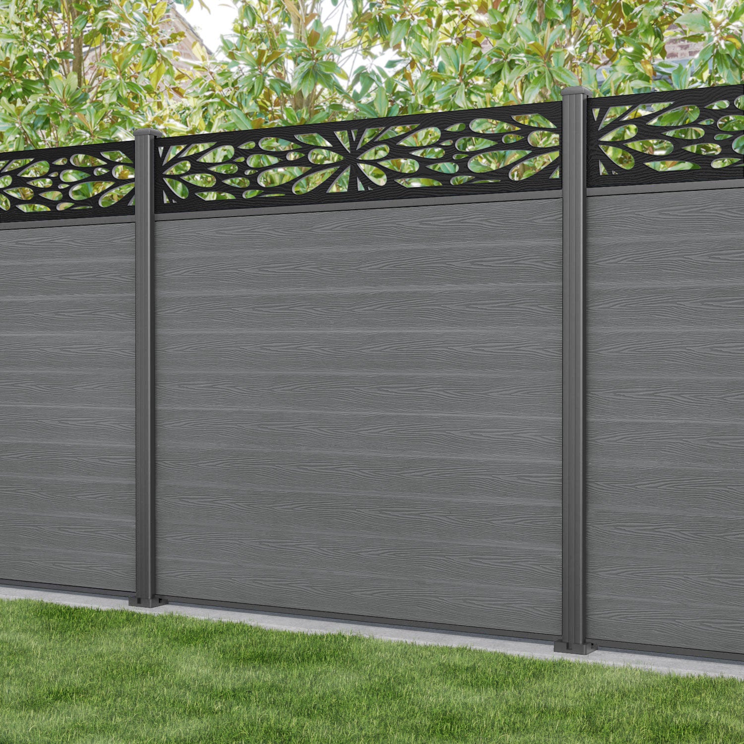 Classic Blossom Fence Panel - Mid Grey - with our aluminium posts