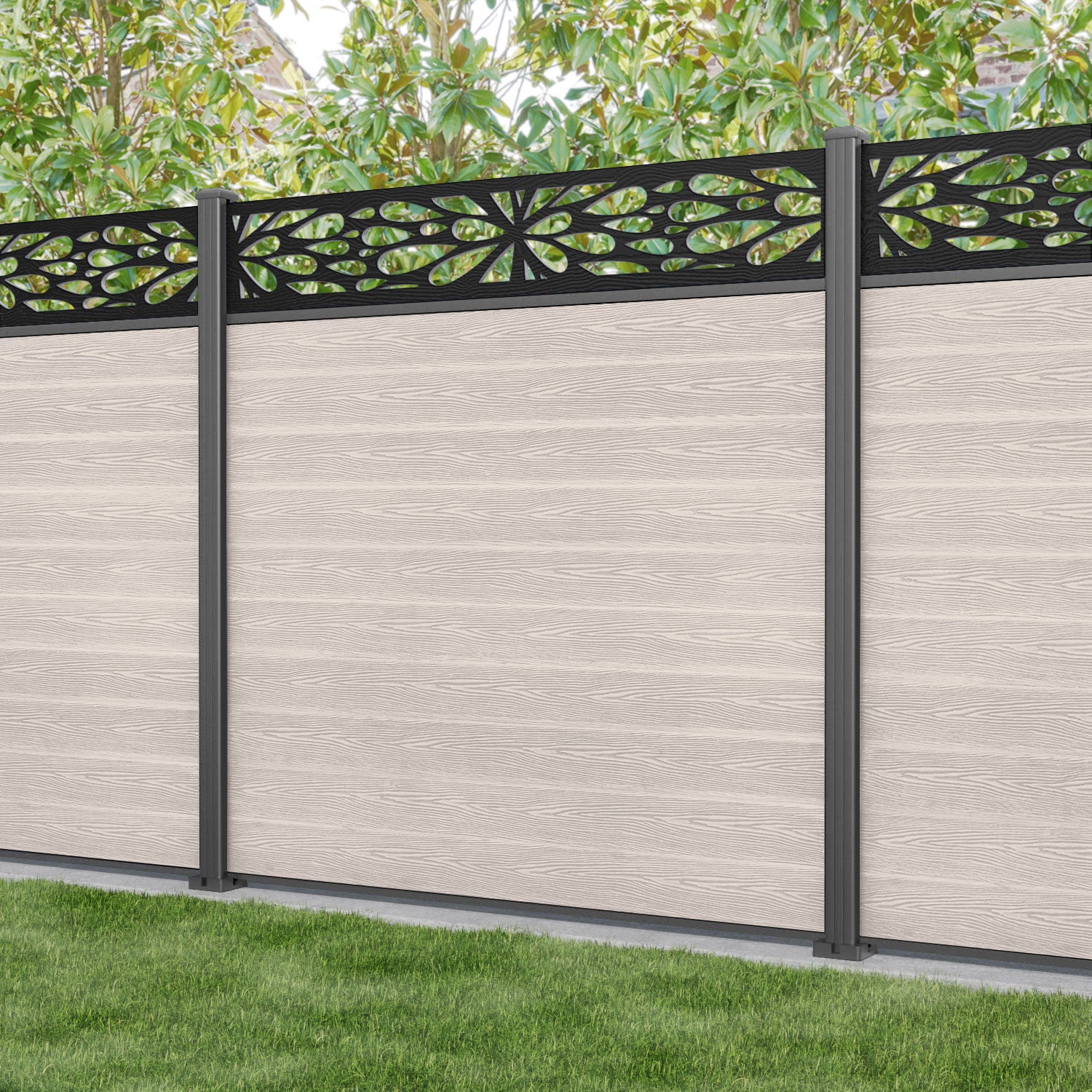 Classic Blossom Fence Panel - Mid Stone - with our aluminium posts