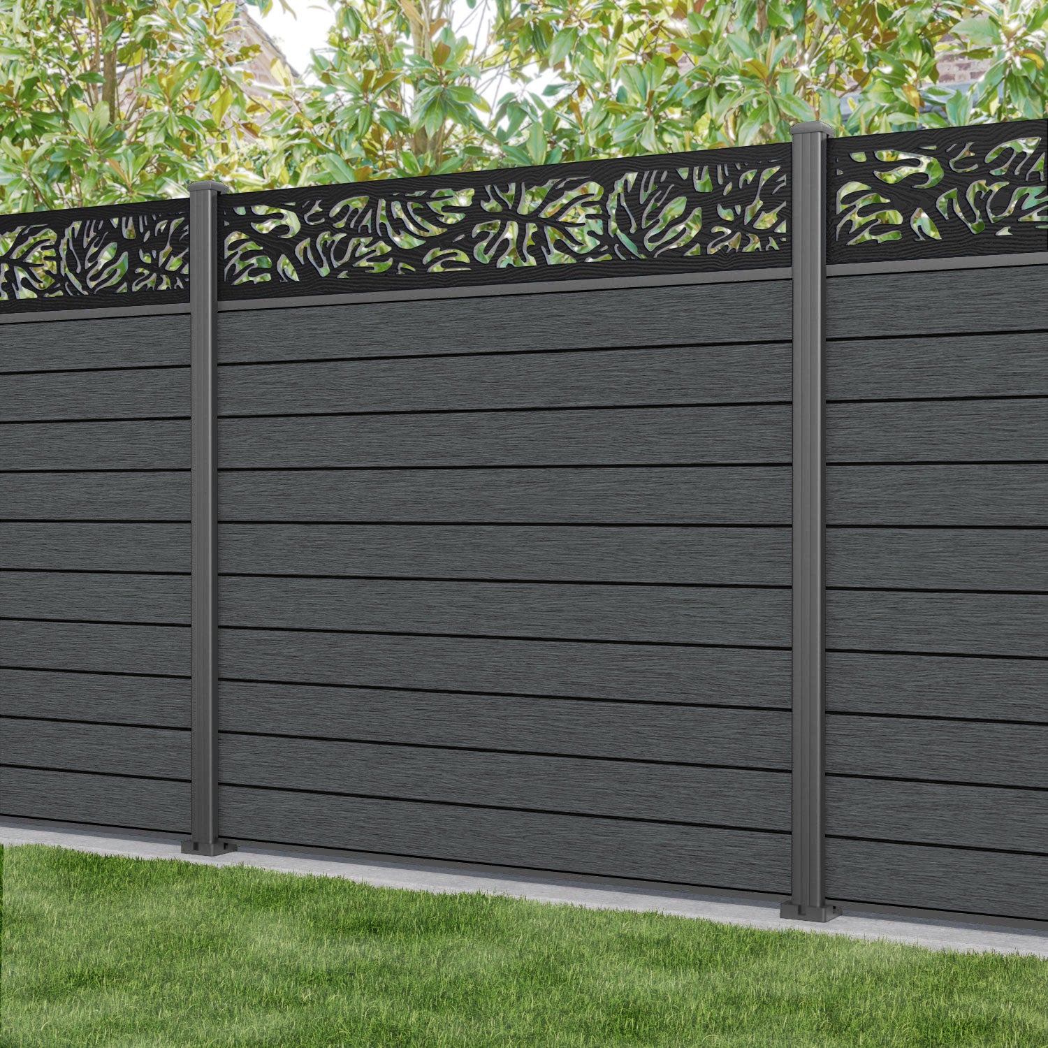 Fusion Botanic Fence Panel - Dark Grey - with our aluminium posts