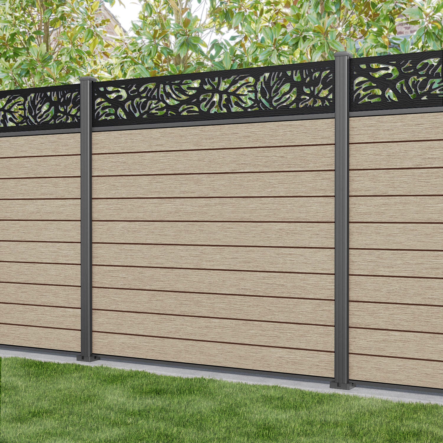 Fusion Botanic Fence Panel - Light Oak - with our aluminium posts