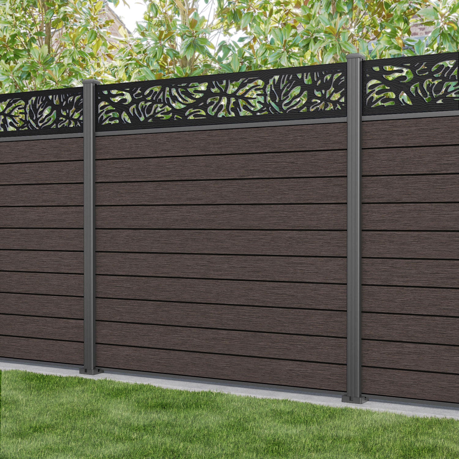 Fusion Botanic Fence Panel - Mid Brown - with our aluminium posts