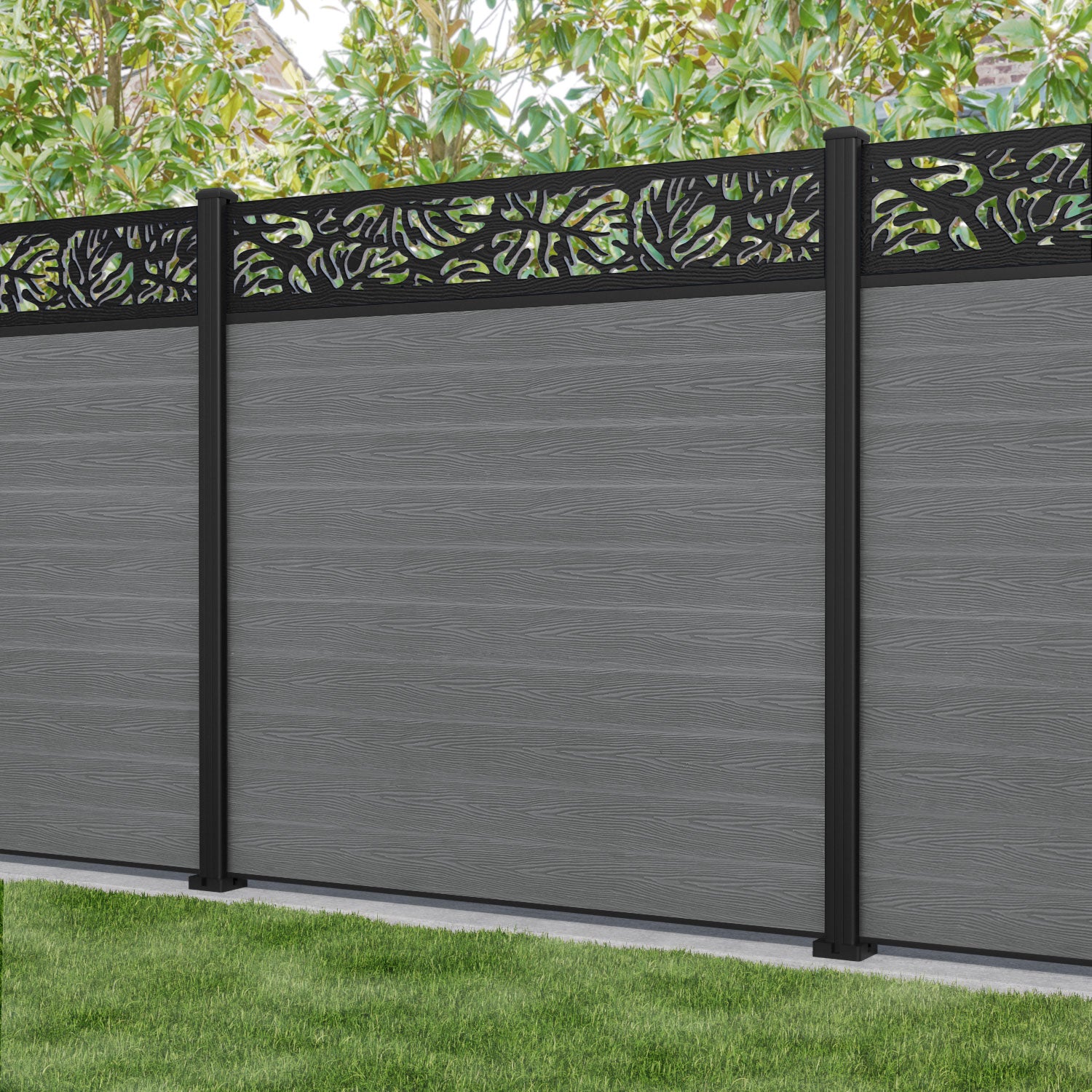 Classic Botanic Fence Panel - Mid Grey - with our aluminium posts
