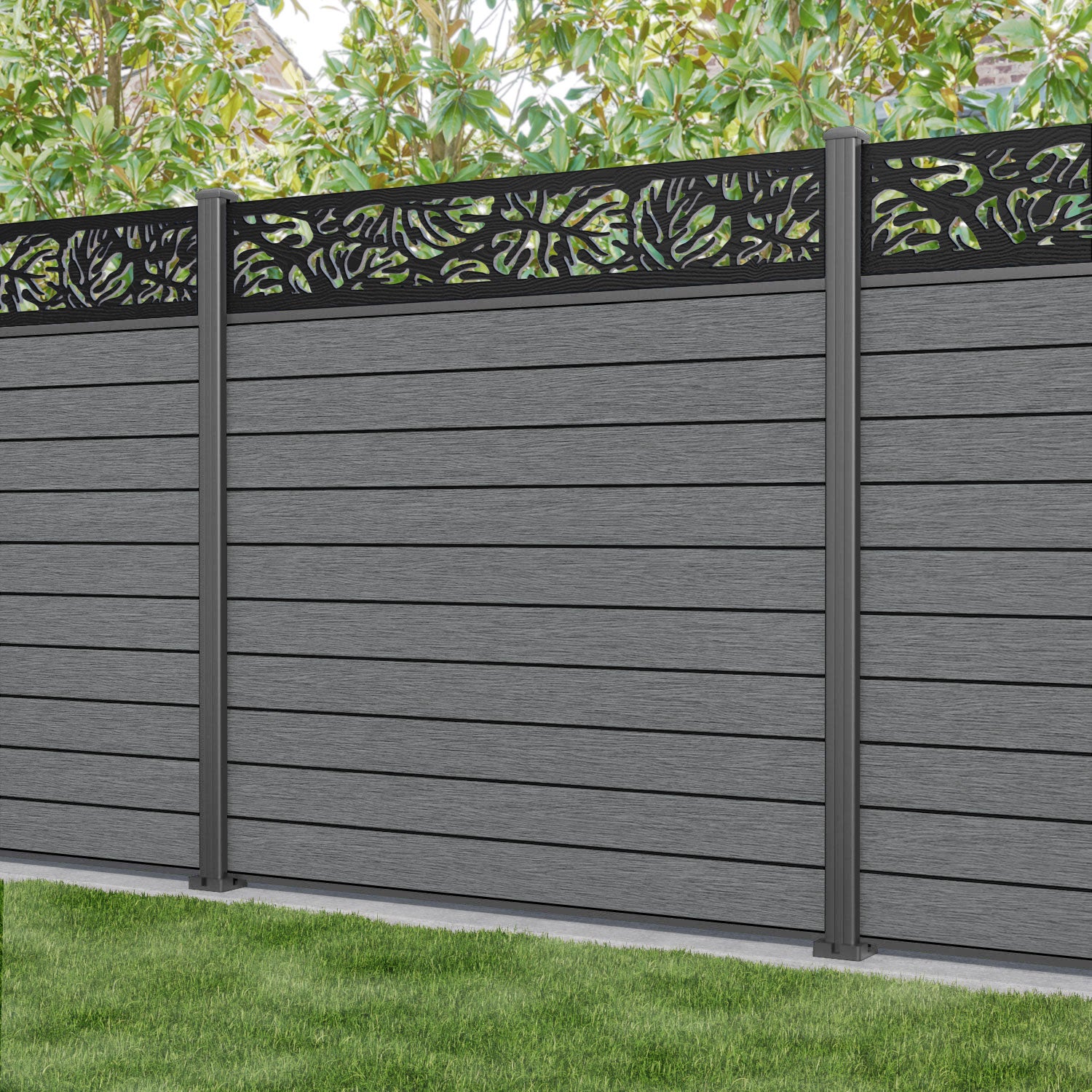 Fusion Botanic Fence Panel - Mid Grey - with our aluminium posts