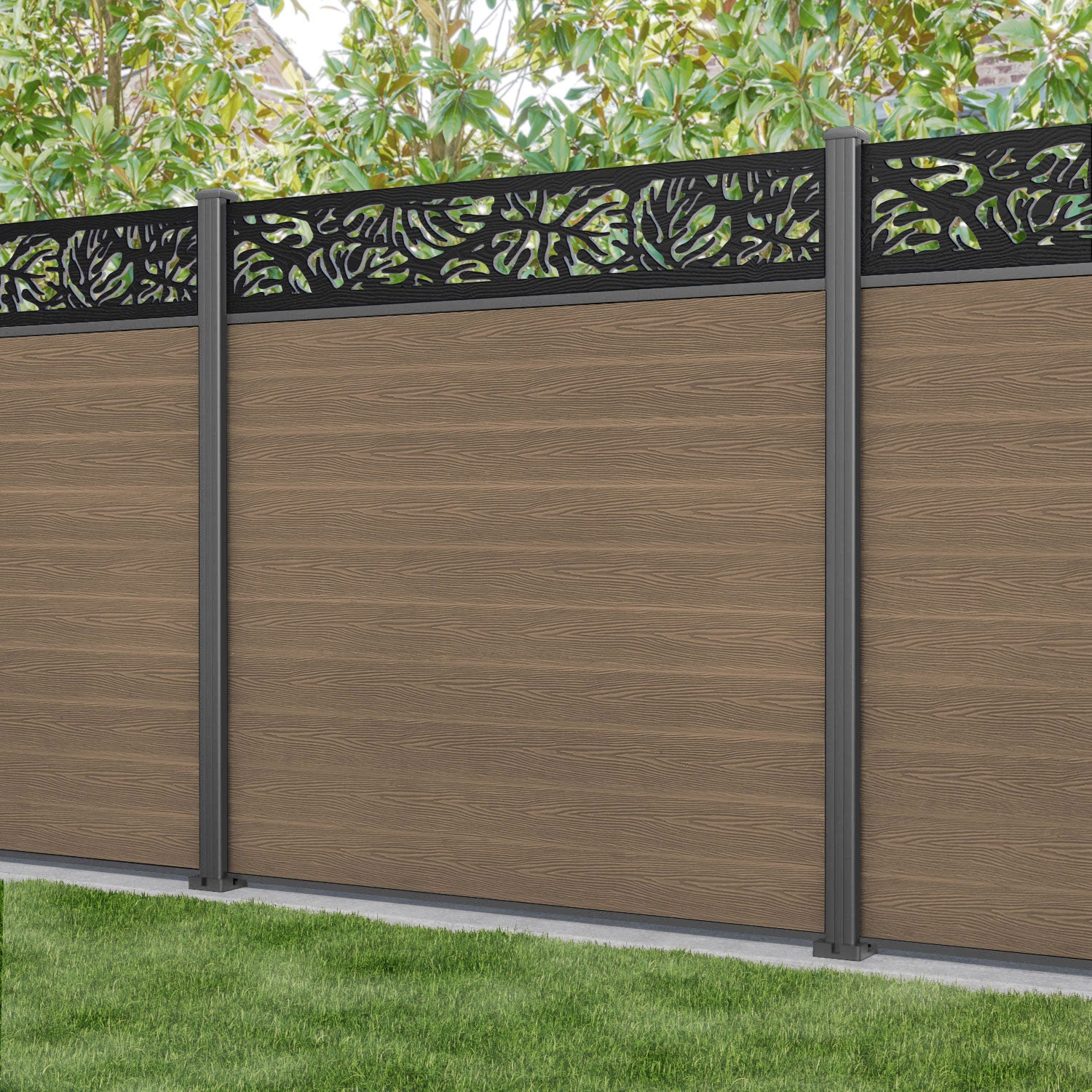Classic Botanic Fence Panel - Teak - with our aluminium posts