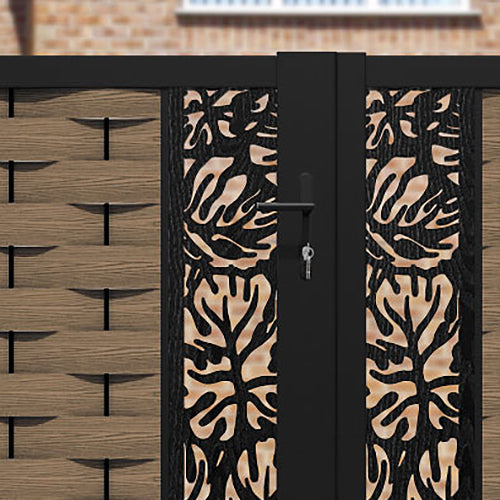 Ripple Botanic Straight Top Driveway Gate - Teak - Middle & End Screen