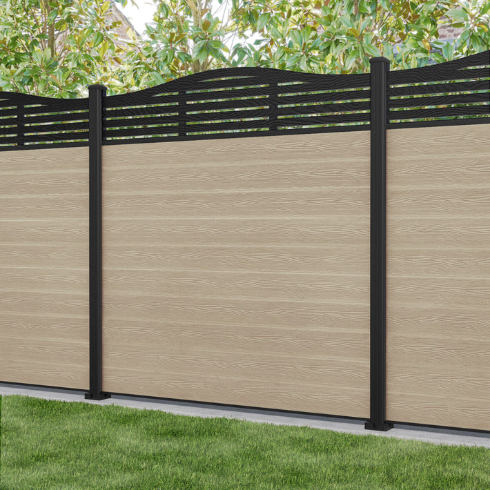 Classic Aspen Curved Top Fence Panel - Light Oak - with our aluminium posts