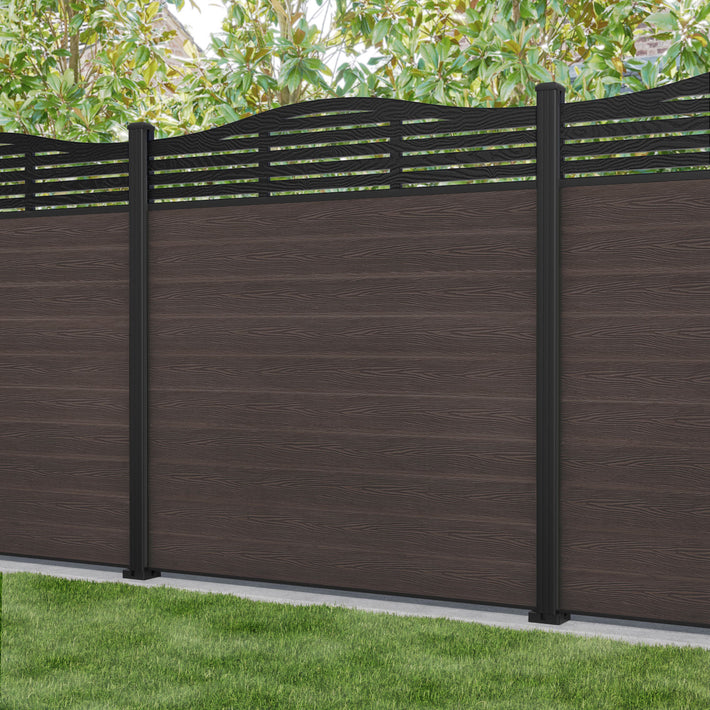 Classic Aspen Curved Top Fence Panel - Mid Brown - with our aluminium posts