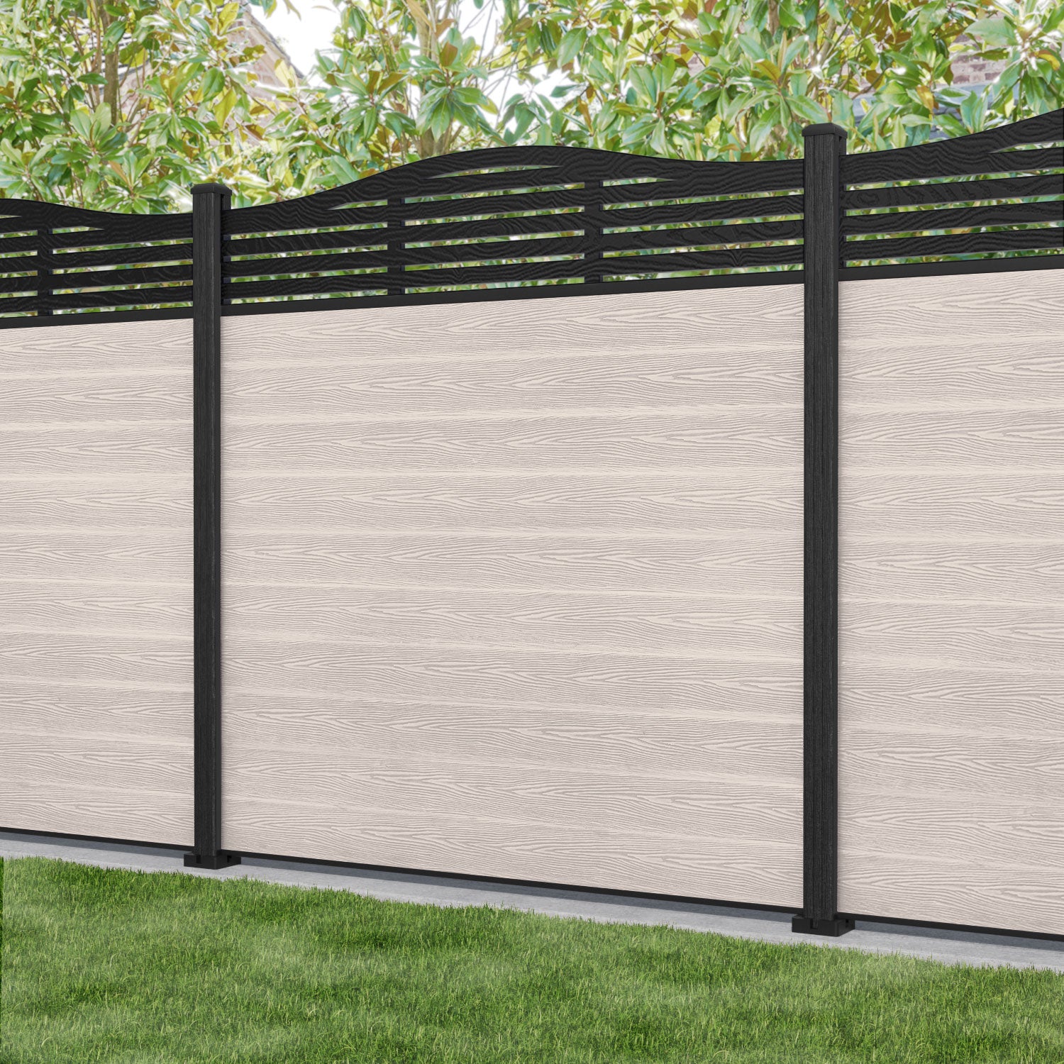 Classic Aspen Curved Top Fence Panel - Mid Stone - with our composite posts